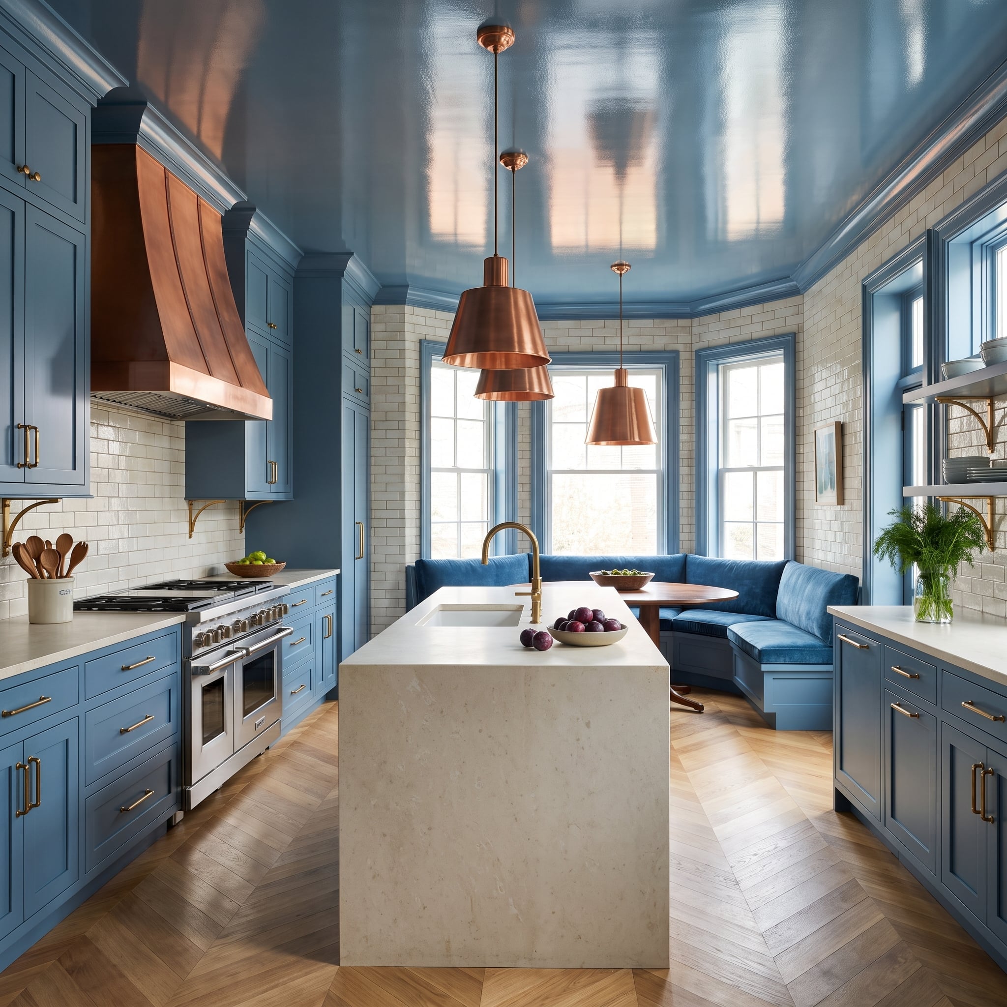 Blue Cabinets, Copper Hood, and a Glossy Ceiling That Gave Every Finish Room to Breathe