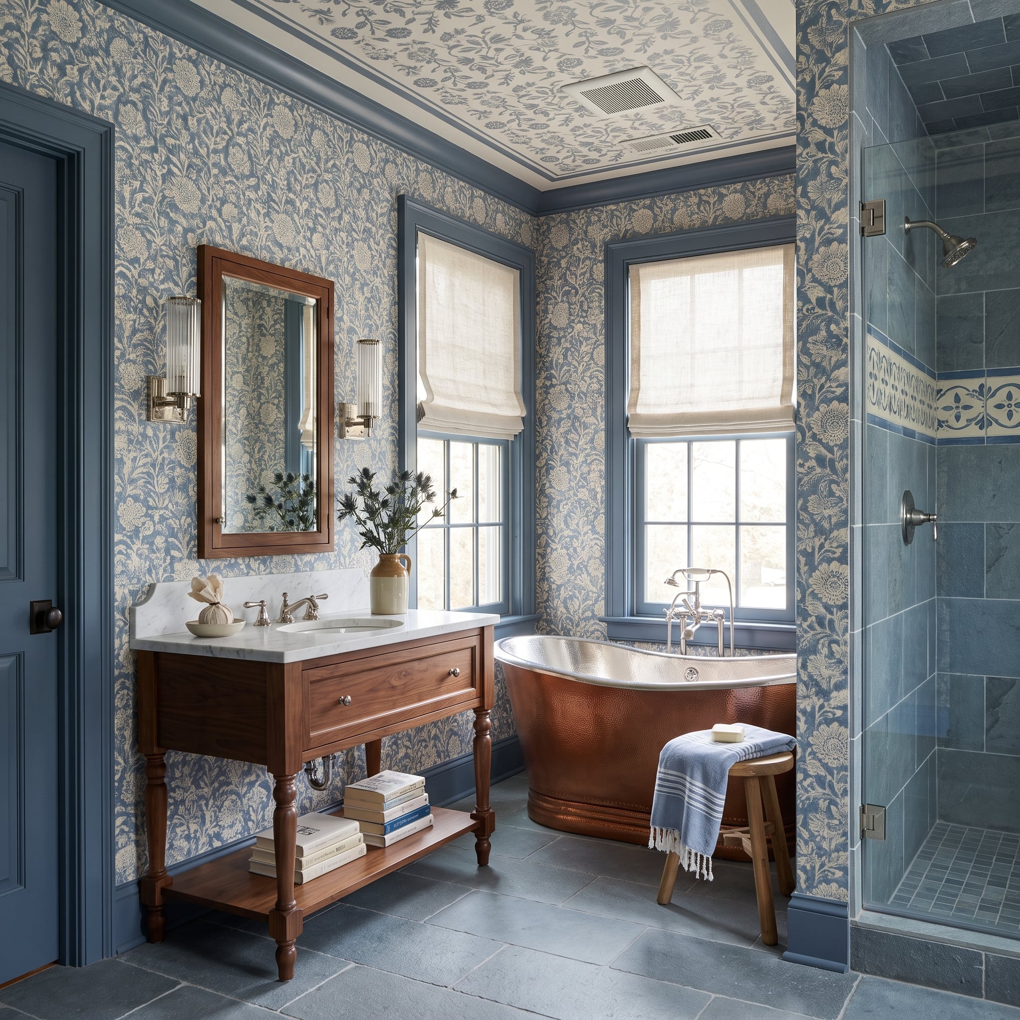 Blue Floral Wallpaper, a Copper Soaking Tub, and Walnut That Holds Its Own