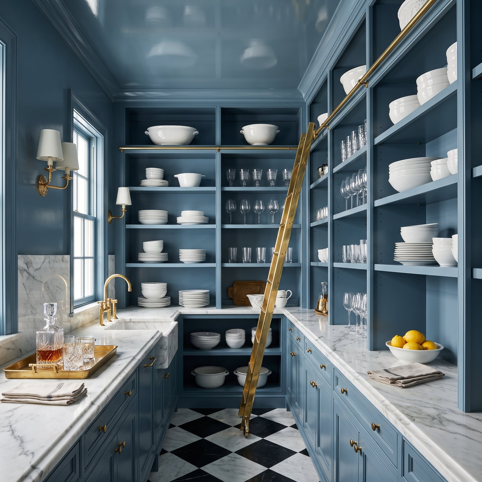 Blue lacquer pantry with floor-to-ceiling open shelves, brass ladder, and black-and-white diamond floor
