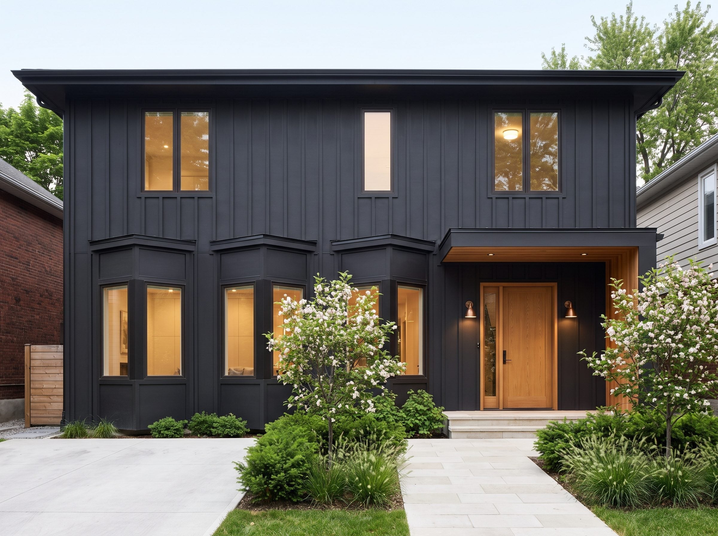 Matte black board-and-batten house with a natural wood entrance and white flowering shrubs