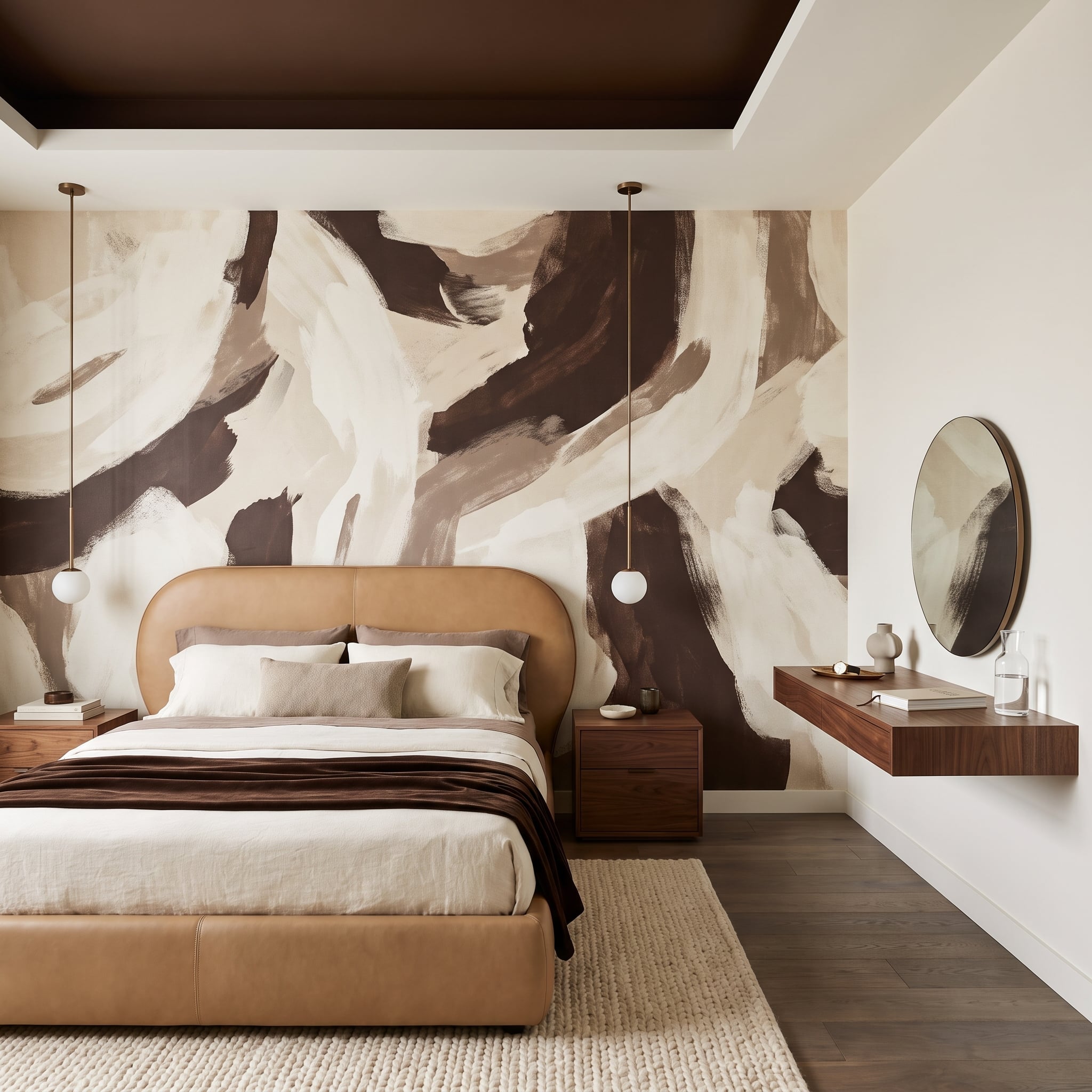 Large-scale chocolate and cream abstract mural behind caramel leather bed