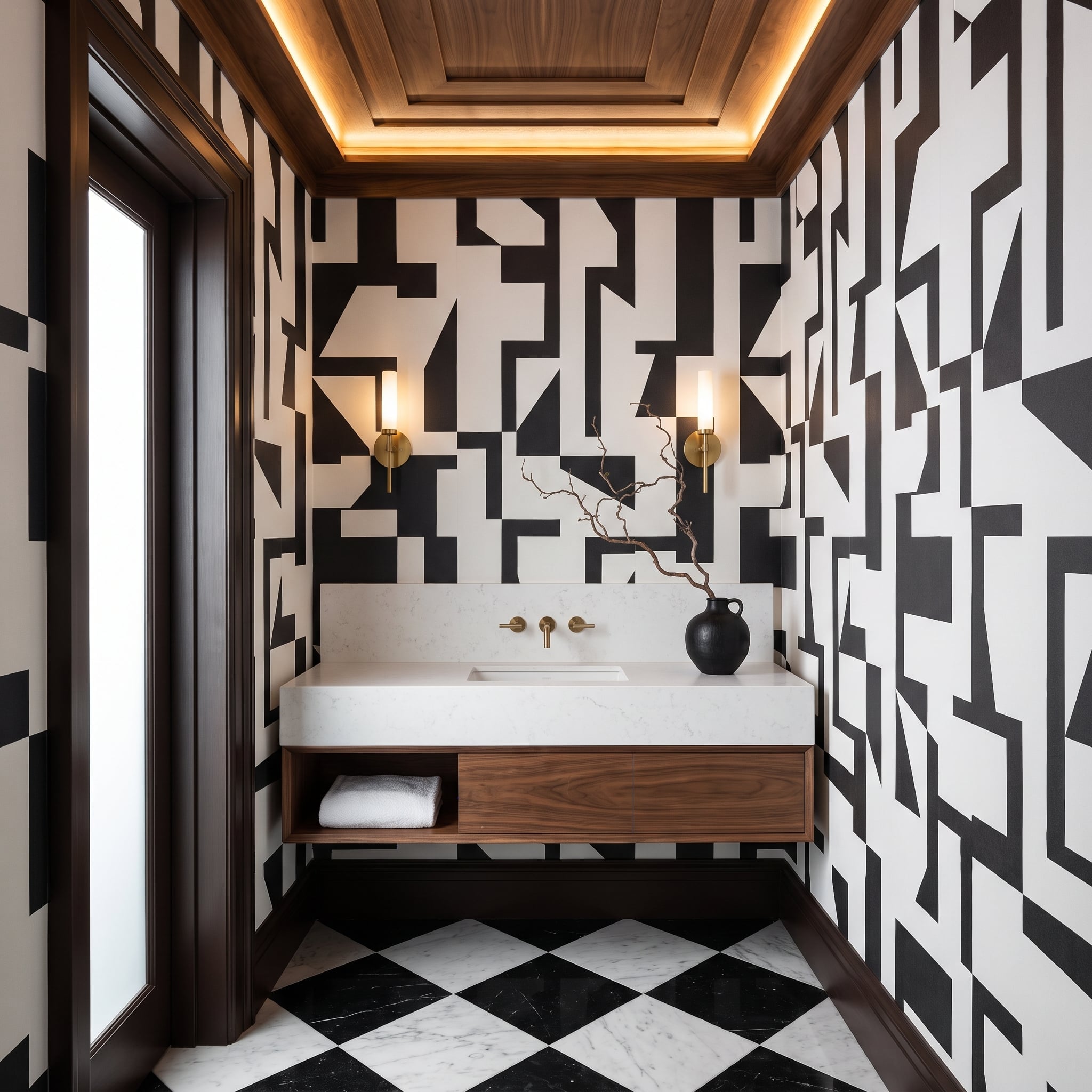 Bold Geometry on Every Wall, and the Brass Faucet Doesn't Flinch