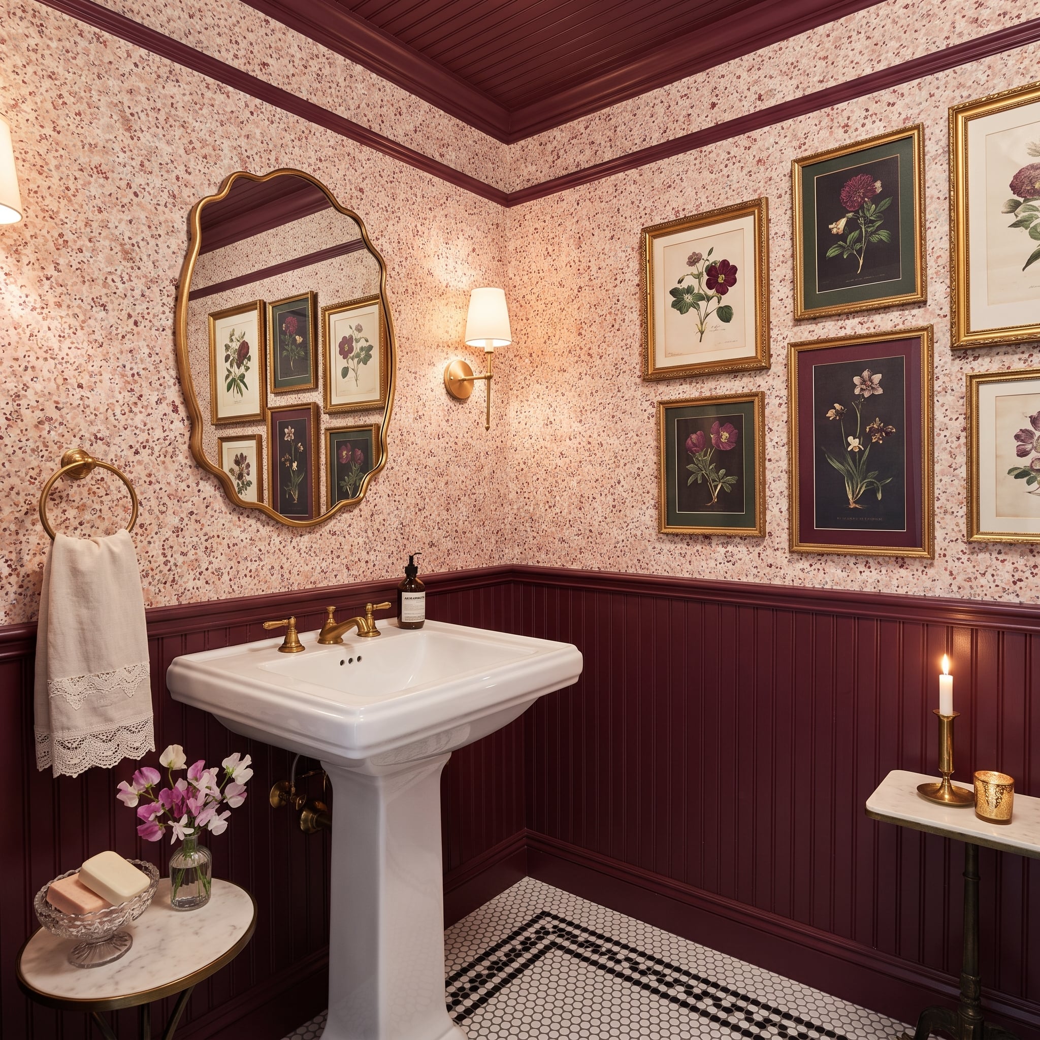 Botanical Prints, Burgundy Beadboard, and Wallpaper That Refused to Behave