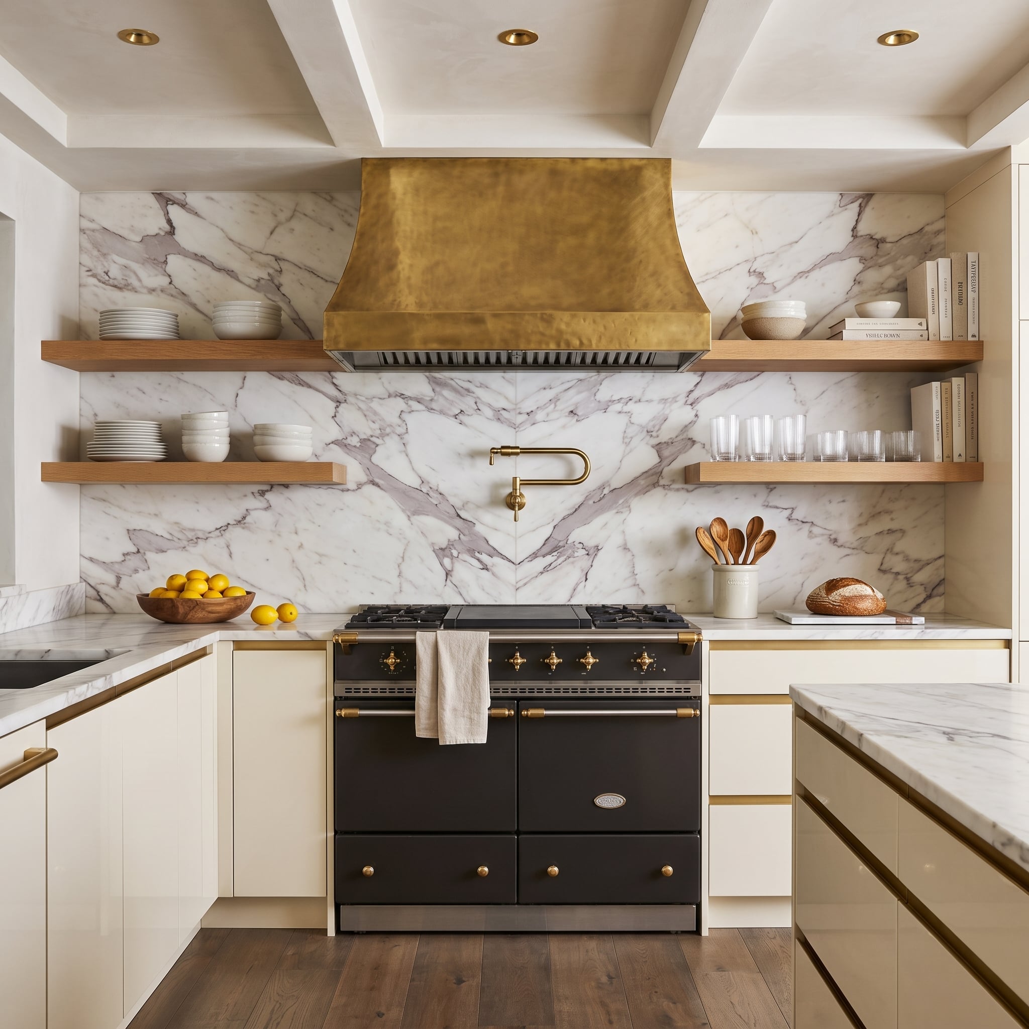Kitchen with brass range hood, bookmatched marble backsplash, walnut floating shelves, and black range