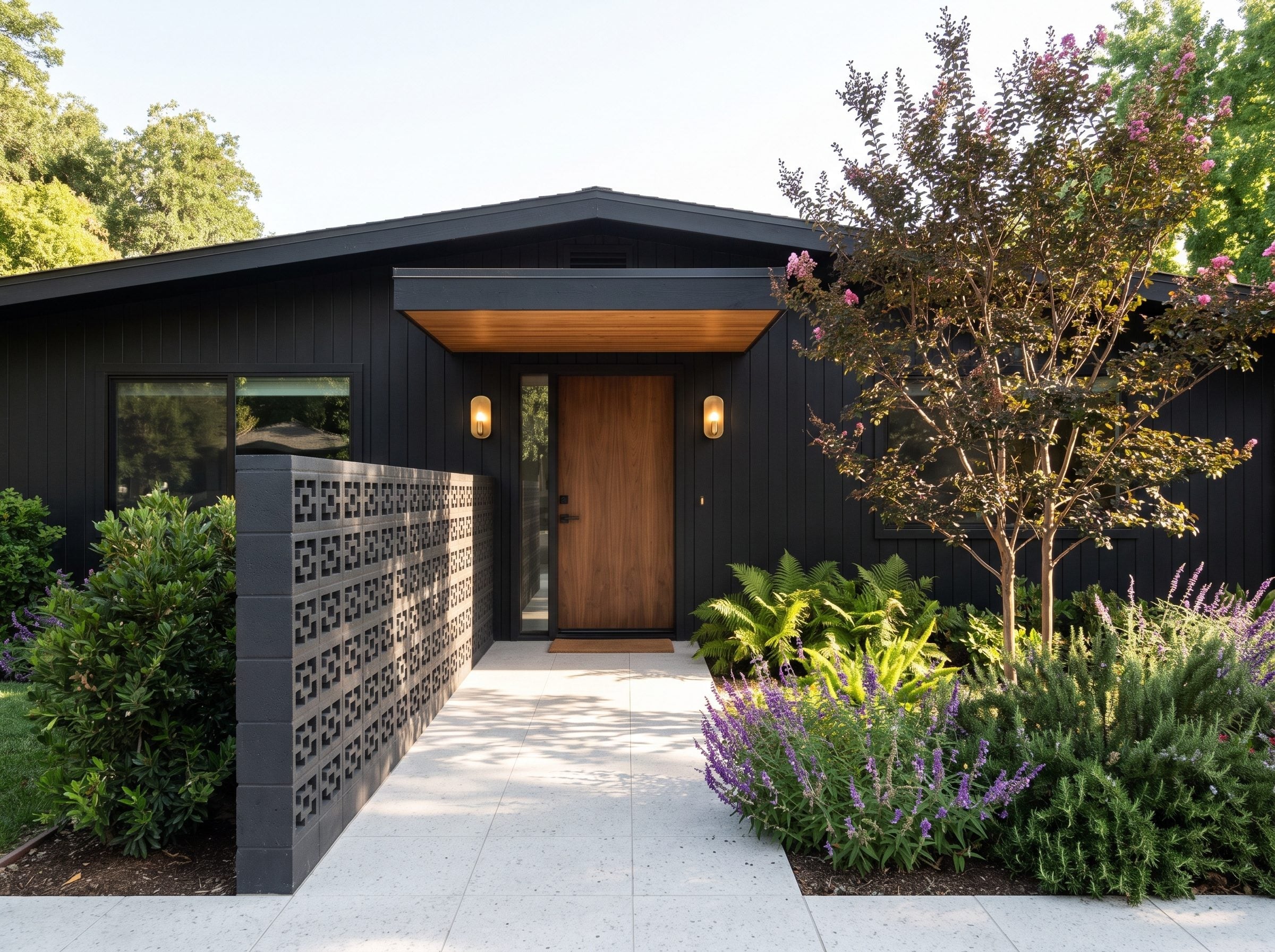 Dark contemporary entry with geometric breeze blocks and a wood door