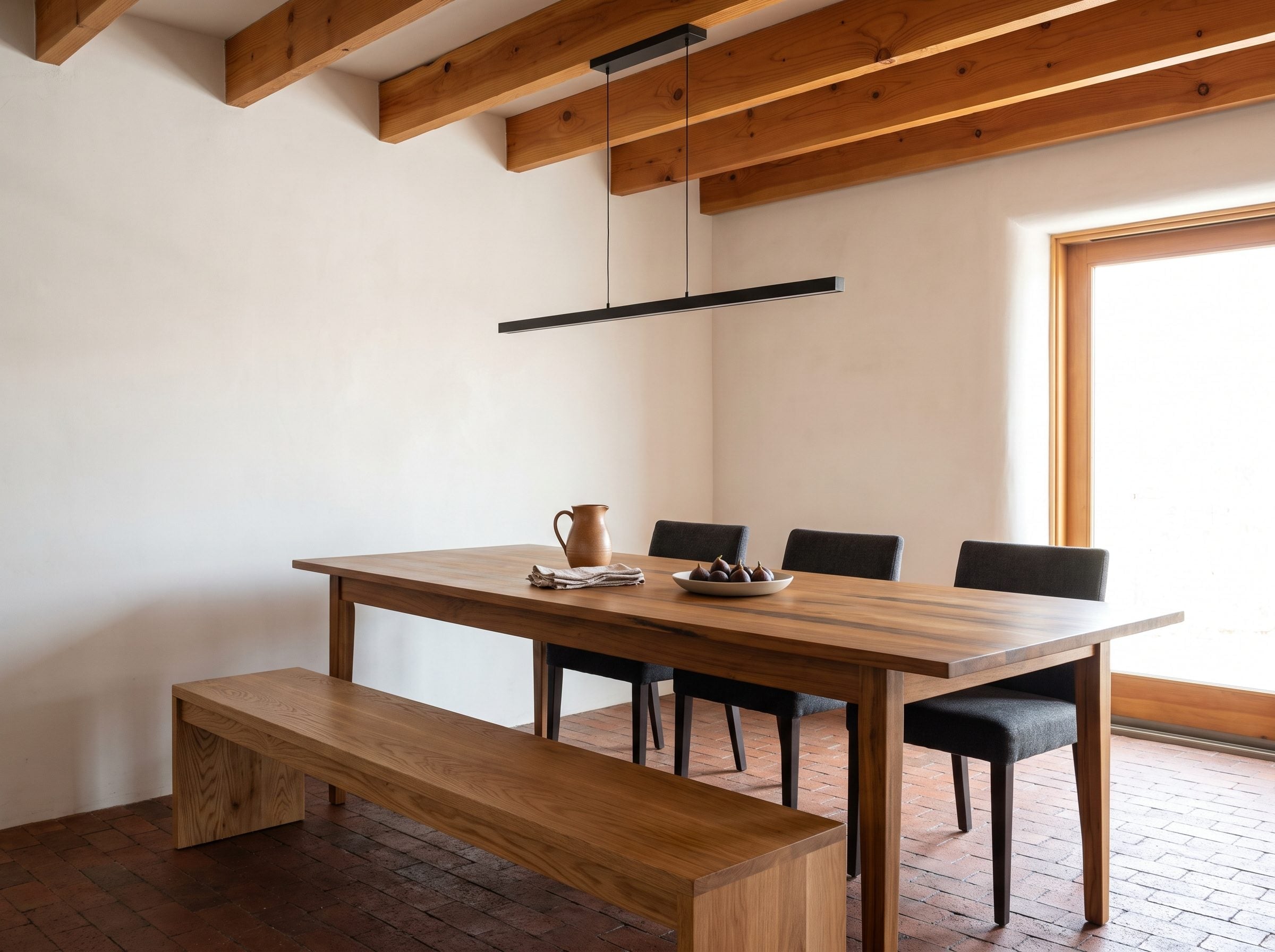 Dining room with brick flooring, cedar ceiling beams, walnut table, charcoal chairs, and bench seating