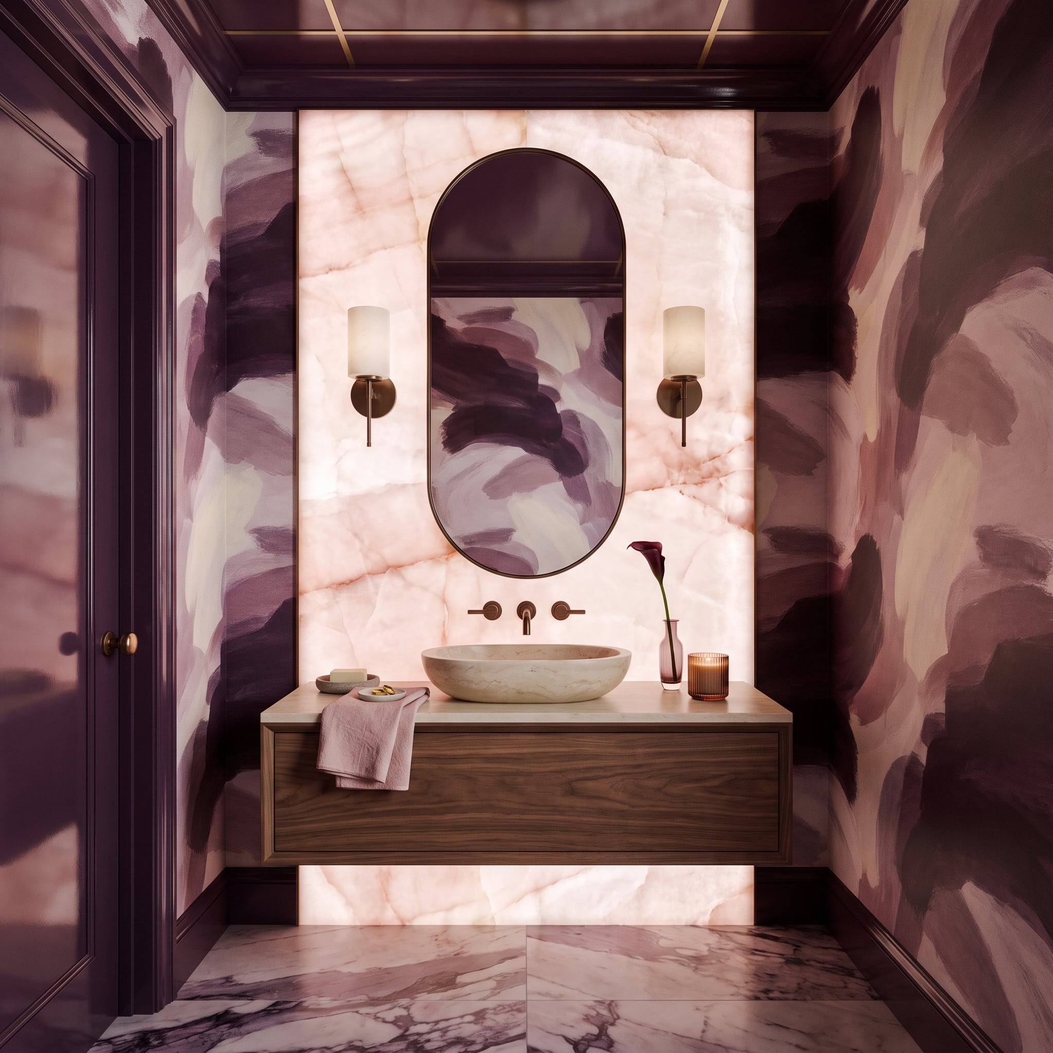 Brushstroke Wallpaper, Backlit Onyx, and Walnut That Keeps Everything Grounded