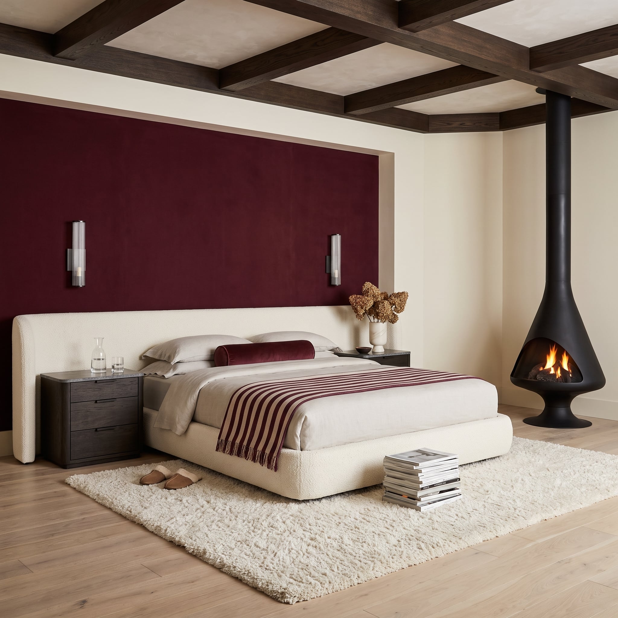 Burgundy recessed bedroom accent wall with cream upholstered bed and suspended black fireplace