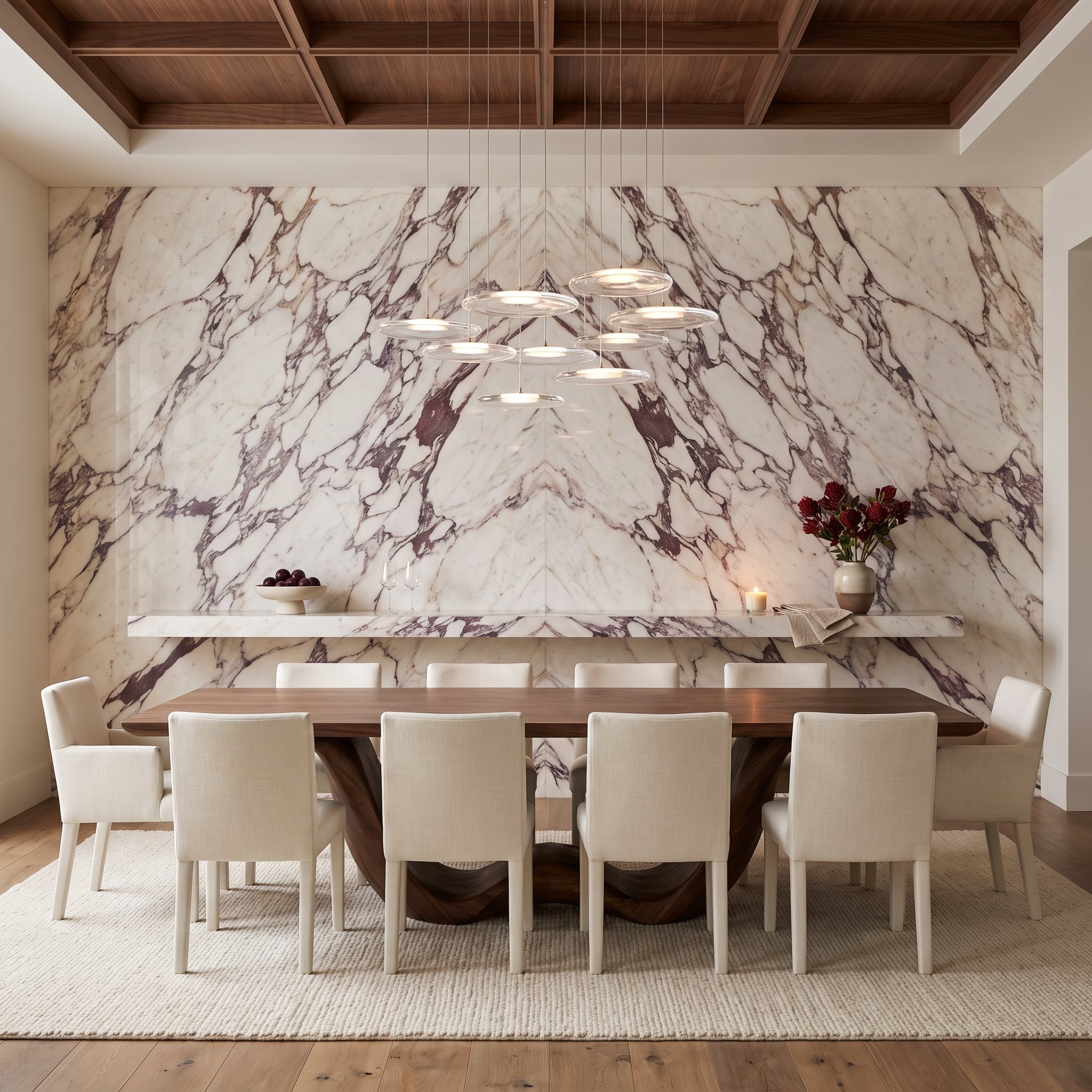 Bookmatched Calacatta Viola marble dining room accent wall with dramatic burgundy veining