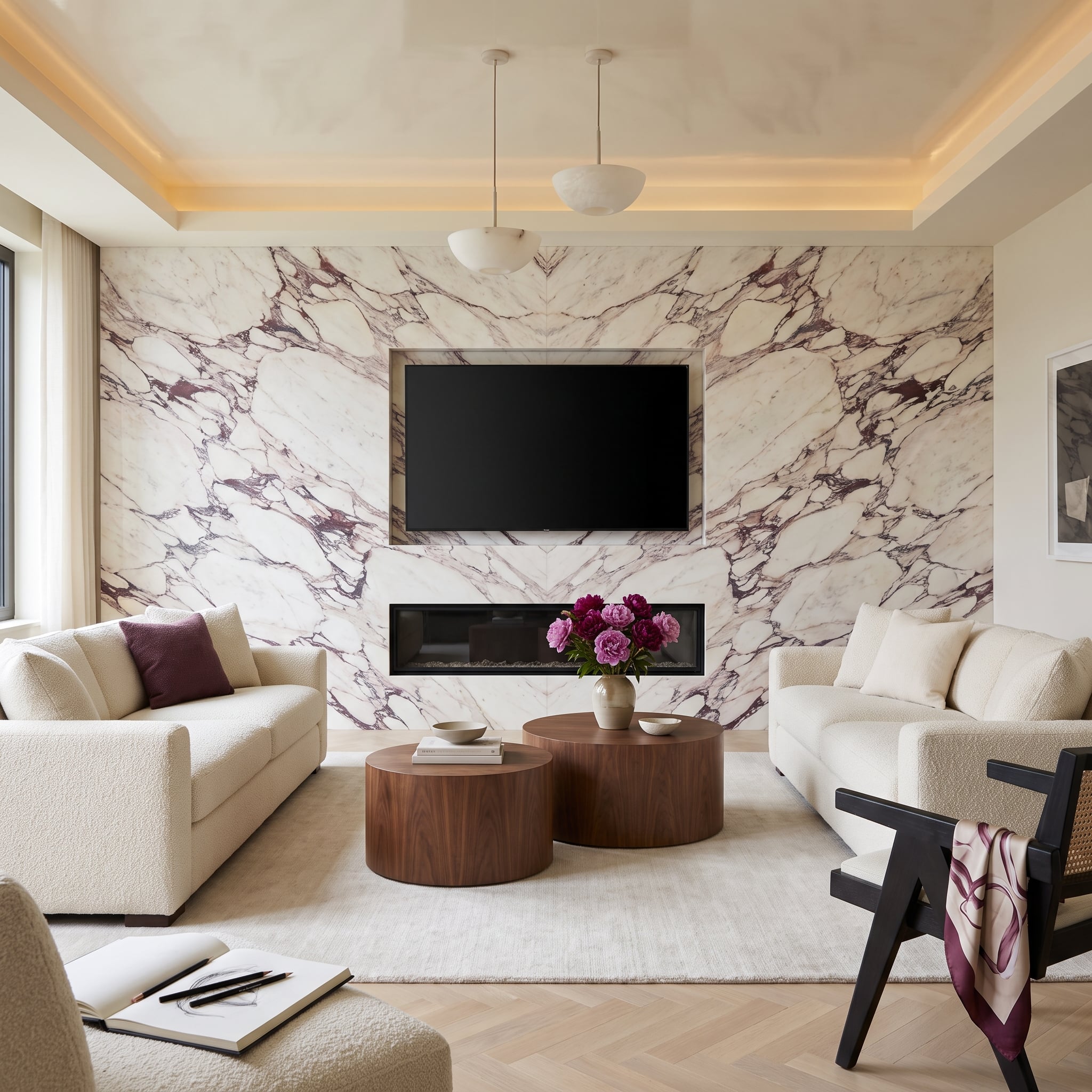Calacatta Viola marble fireplace wall with recessed television, pale bouclé sofas, and oval walnut coffee tables