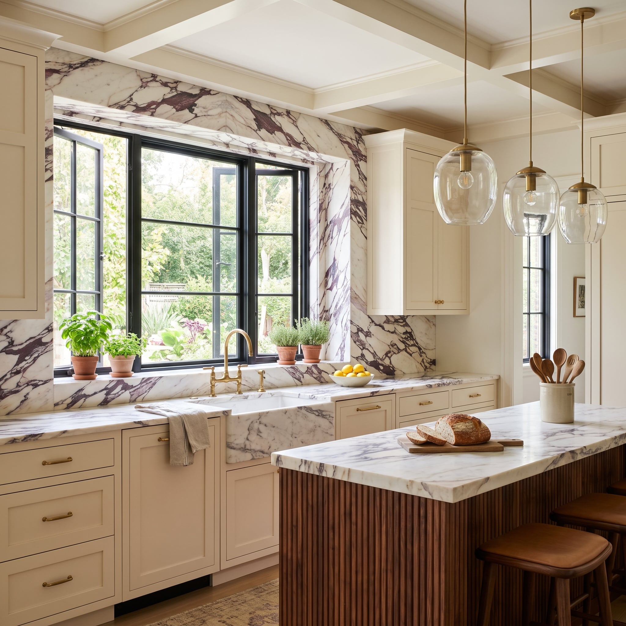 Luxury kitchen with Calacatta Viola marble, reeded walnut island and black casement windows