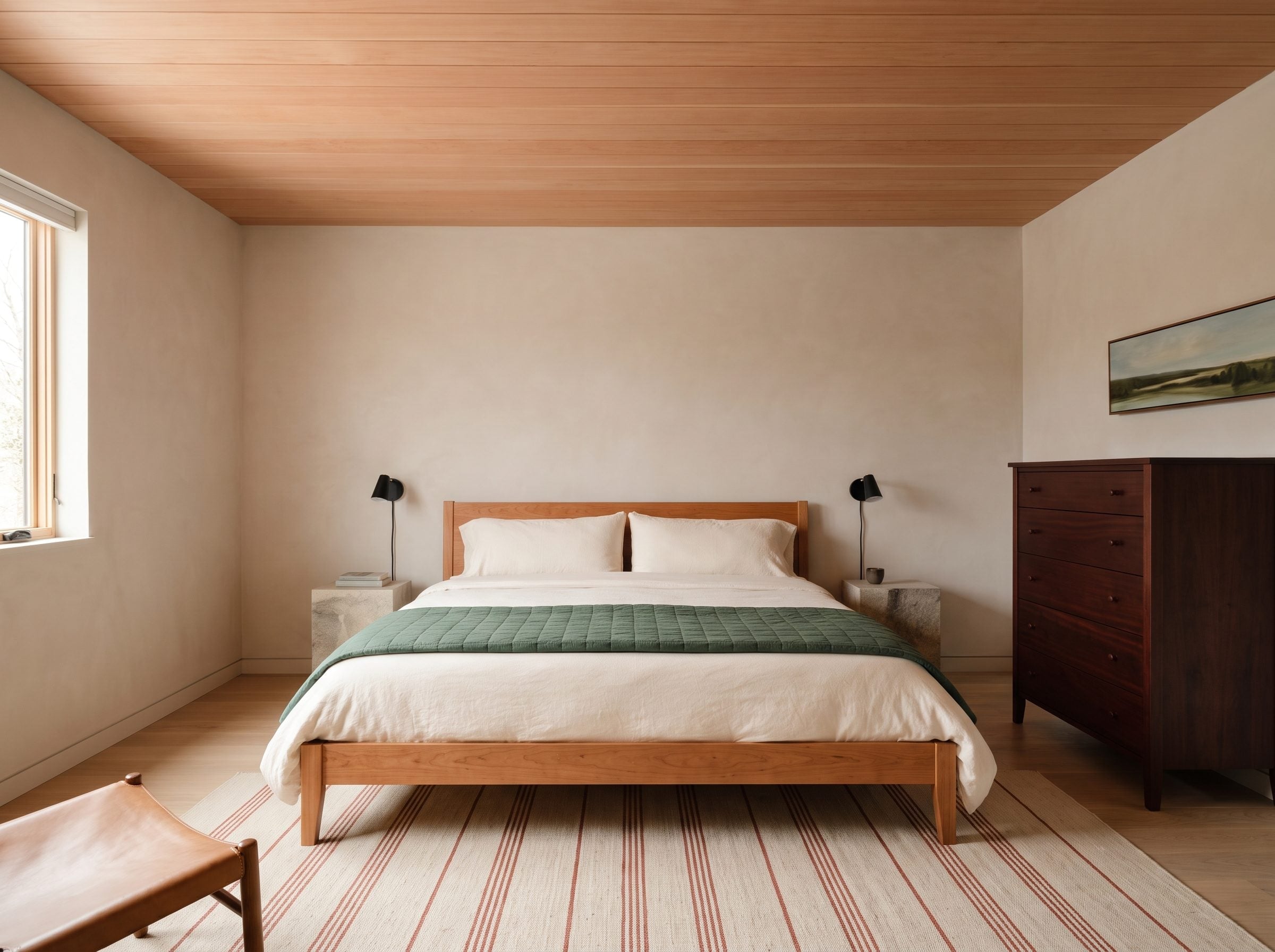 Bedroom with cedar ceiling, warm cherry bed frame, dark walnut dresser, and stone nightstands