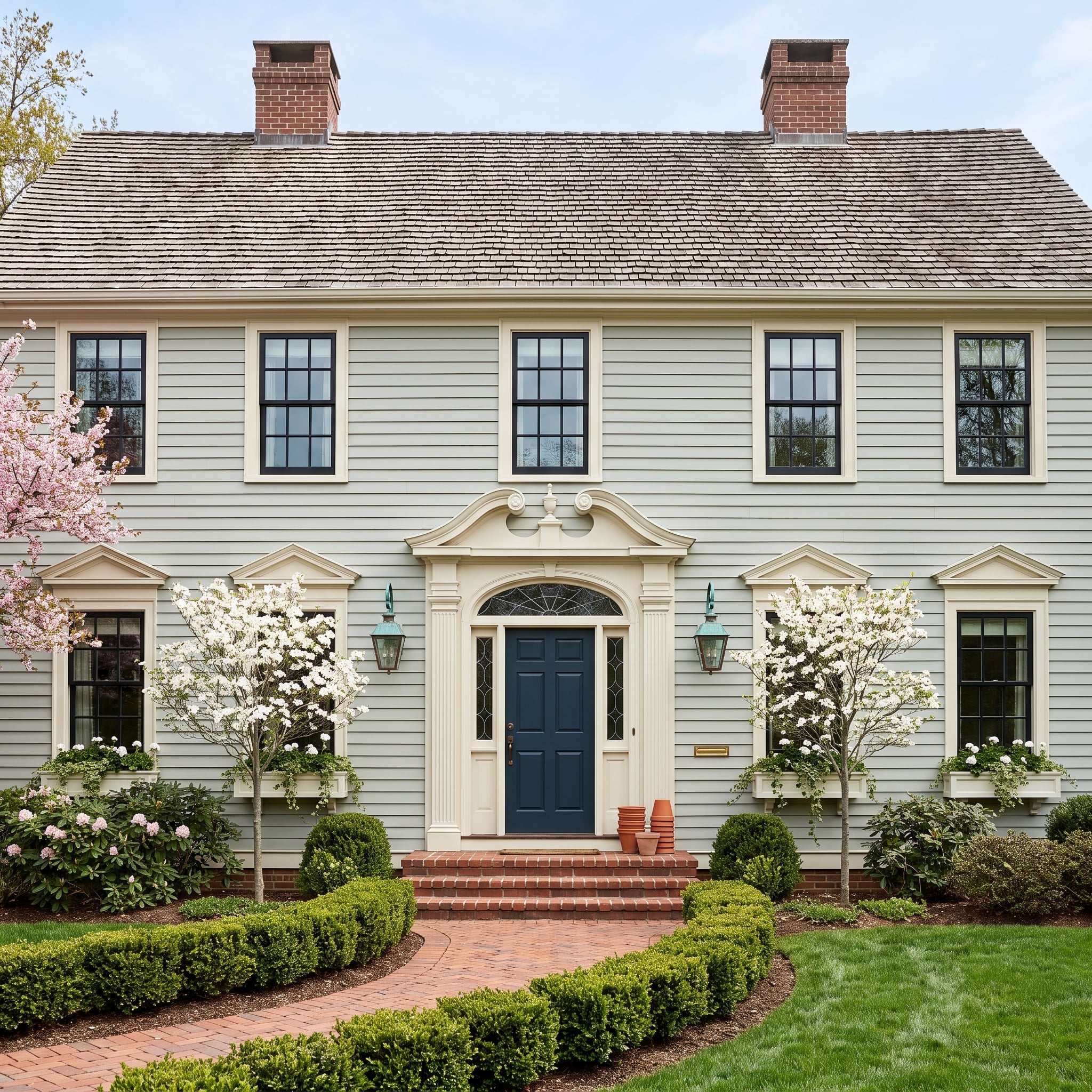 Colonial-style home with sage lap siding, black double-hung windows, fanlight entry and formal garden