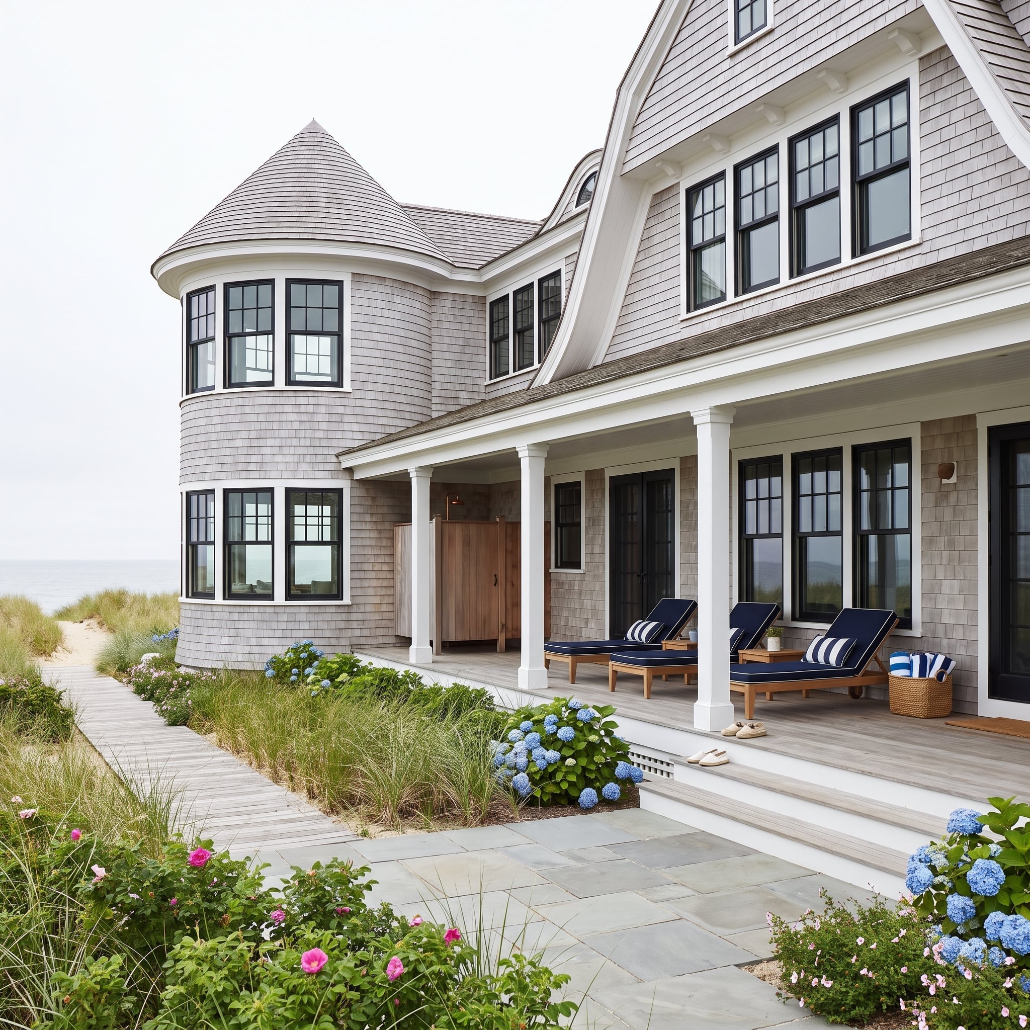 Nantucket-inspired coastal house with weathered cedar shingles, conical tower, black windows and navy furnishings