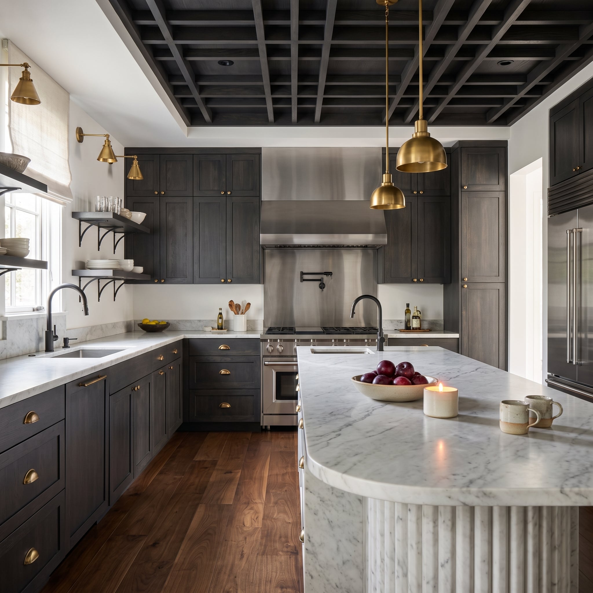Charcoal Cabinets, Brass Hardware, and Black Faucets Prove Dark Kitchens Can Run Two Metals