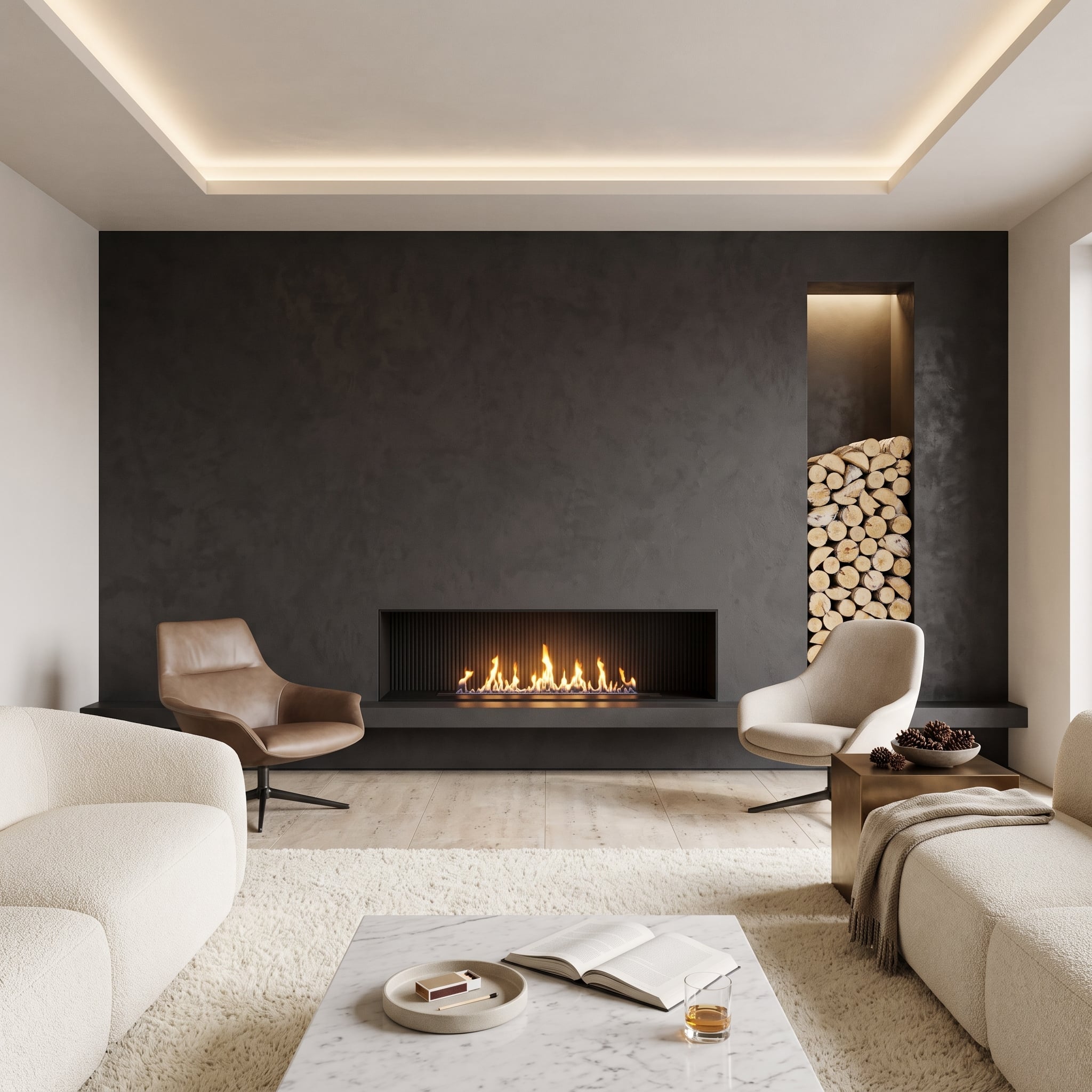 Charcoal plaster fireplace wall with linear gas fire and illuminated wood niche