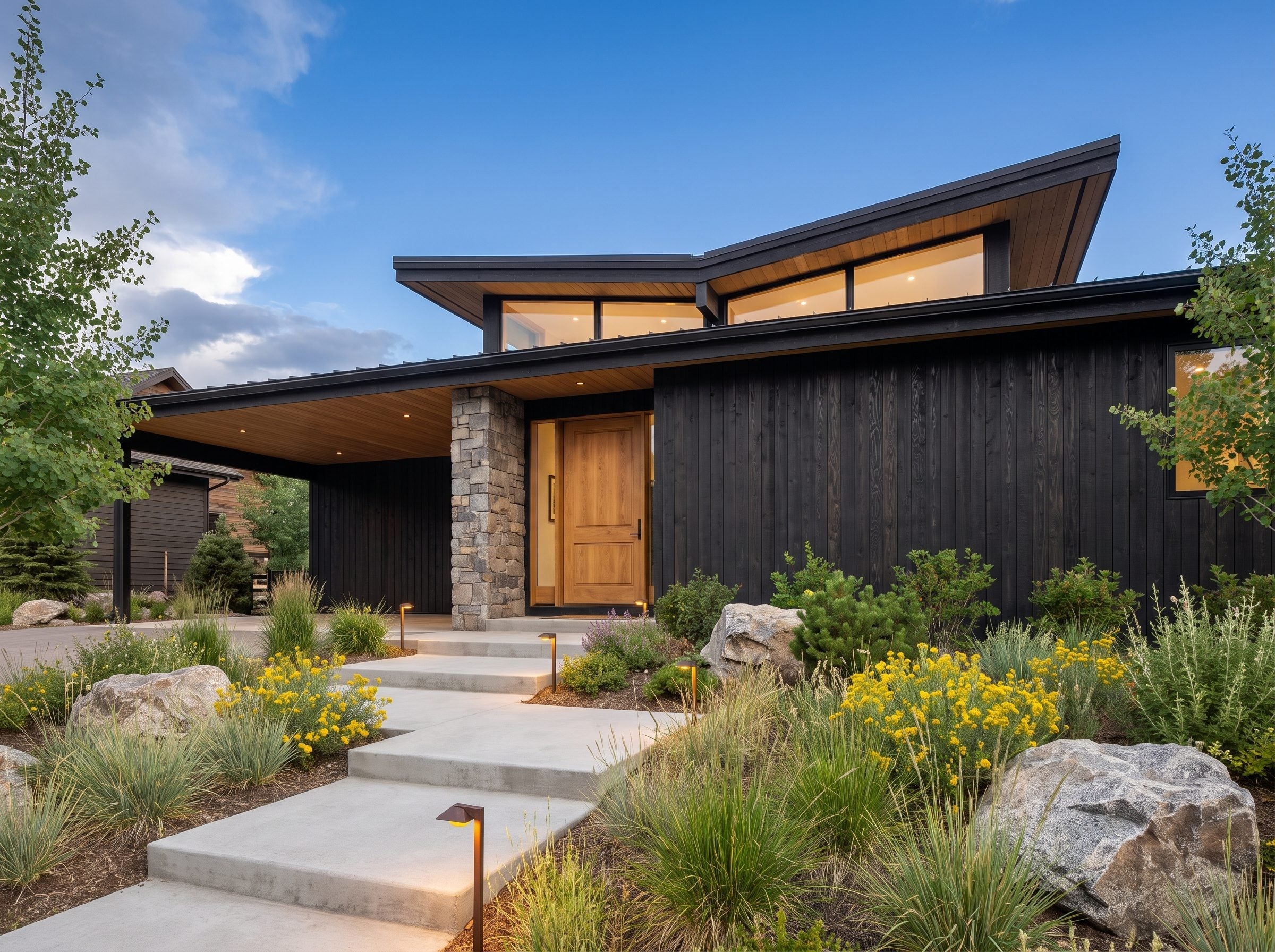 Dark textured timber siding with a natural fieldstone column and honey-colored entry door
