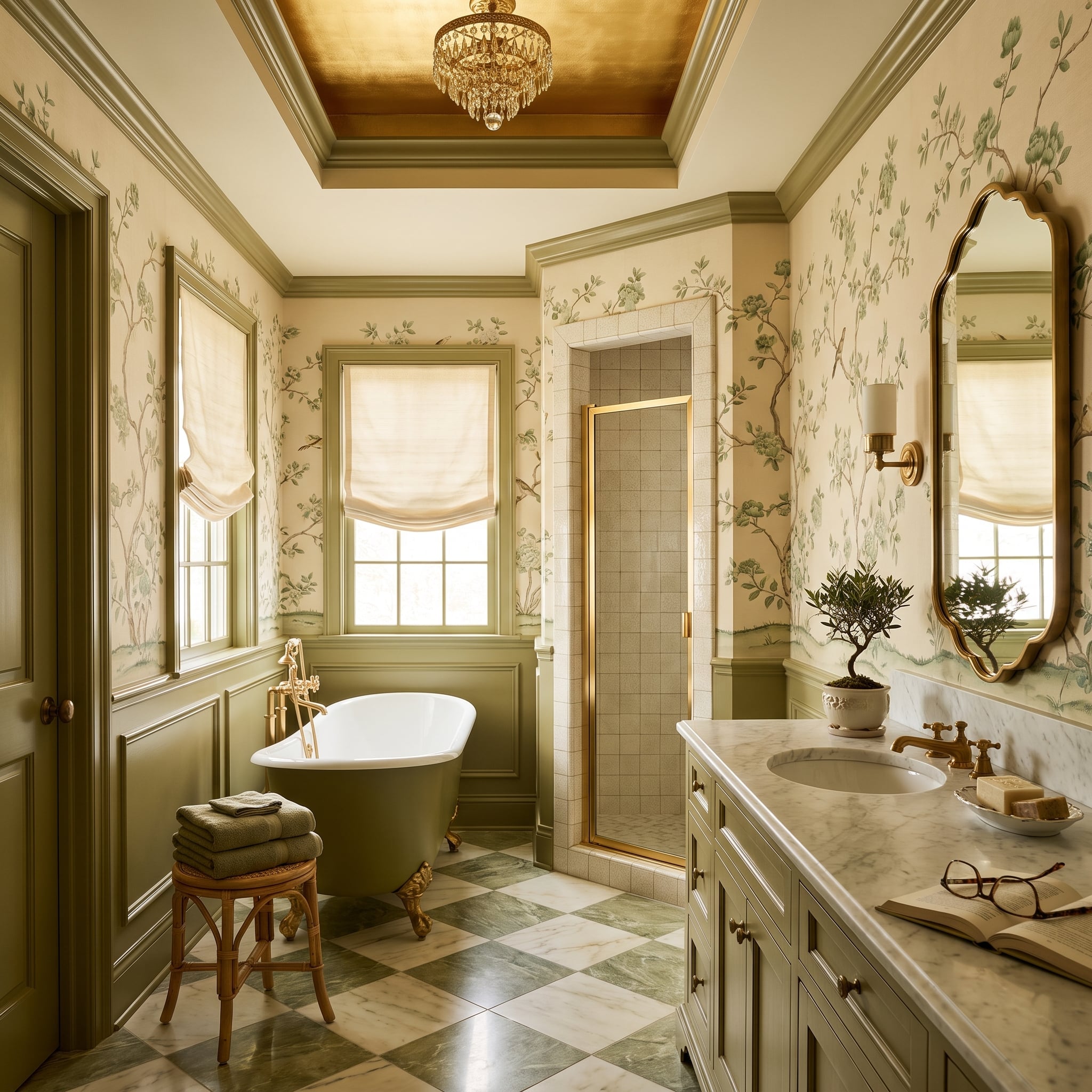 Chinoiserie Wallpaper, an Olive Clawfoot Tub, and Gold Hardware That Actually Earns It