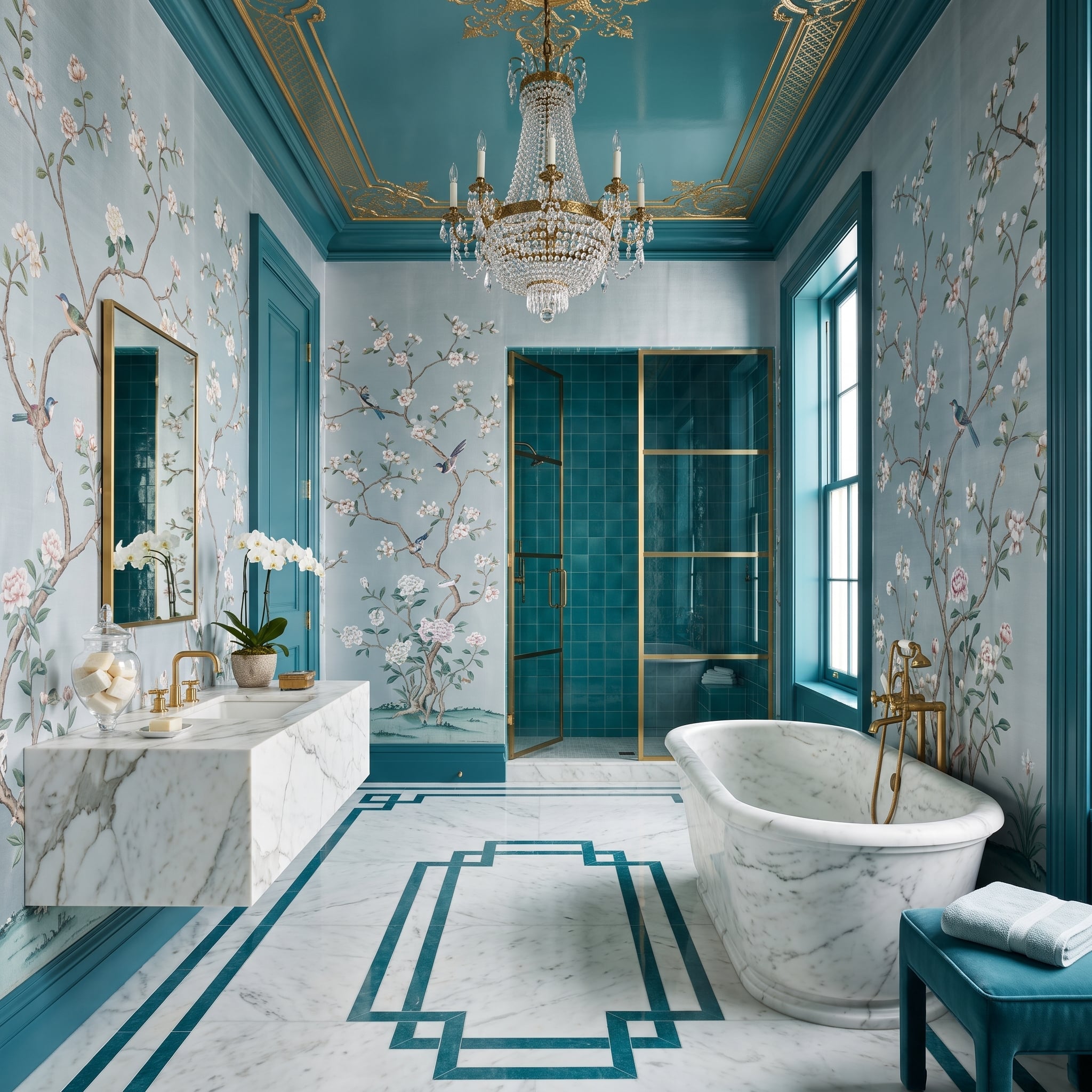 Chinoiserie Wallpaper, Marble Soaking Tub, and a Teal Ceiling That Owns the Room