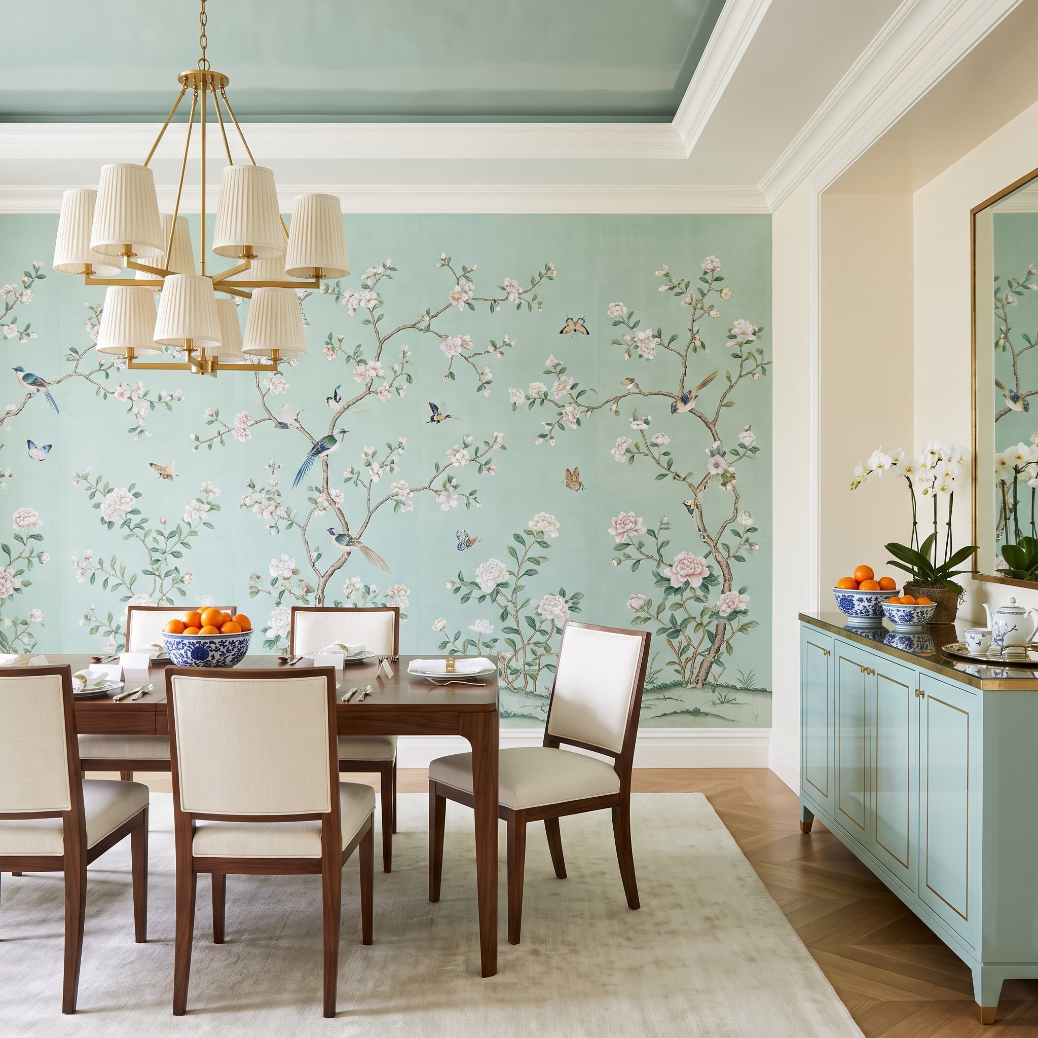 Chinoiserie wallpaper with birds and flowering branches behind a walnut dining table