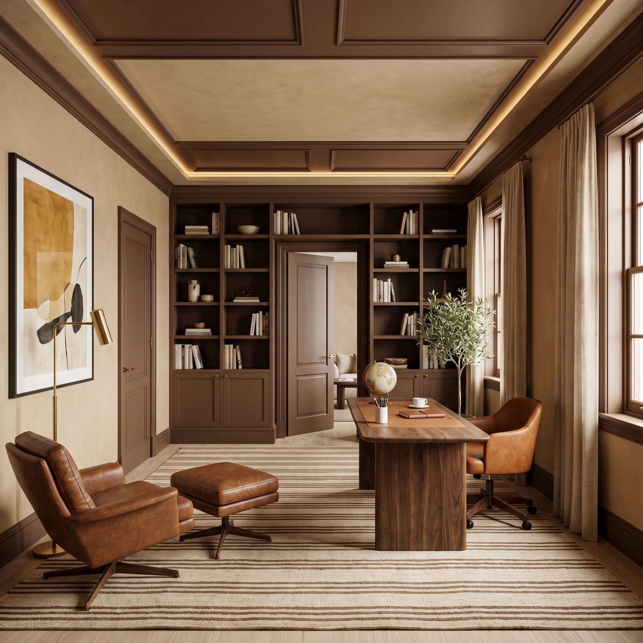Home office with chocolate-brown built-ins, matching door casings, baseboards, ceiling beams, walnut desk, and cognac leather seating