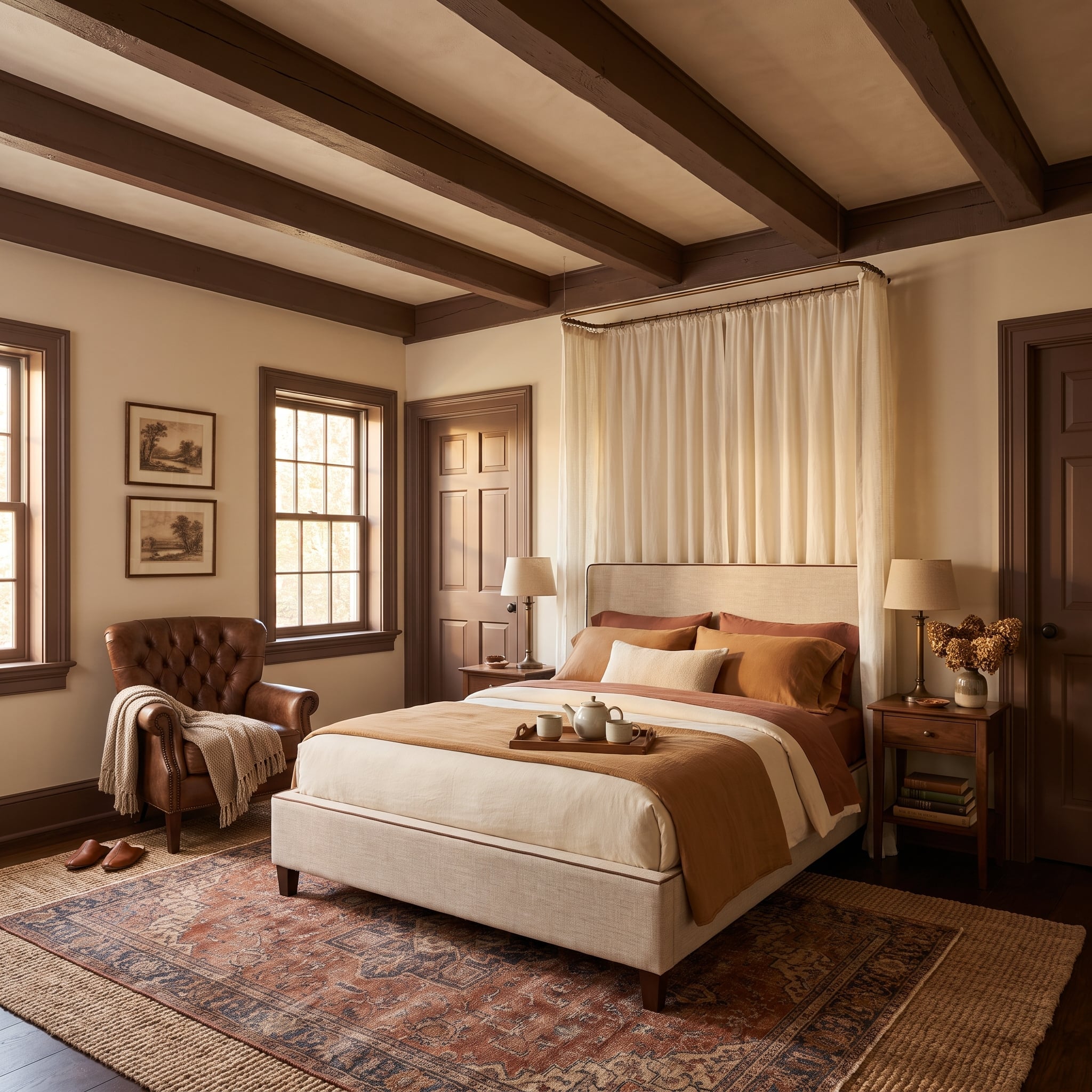 Traditional canopy bedroom with dark walnut-stained window and door trim, ceiling beams, cream plaster, and rust bedding