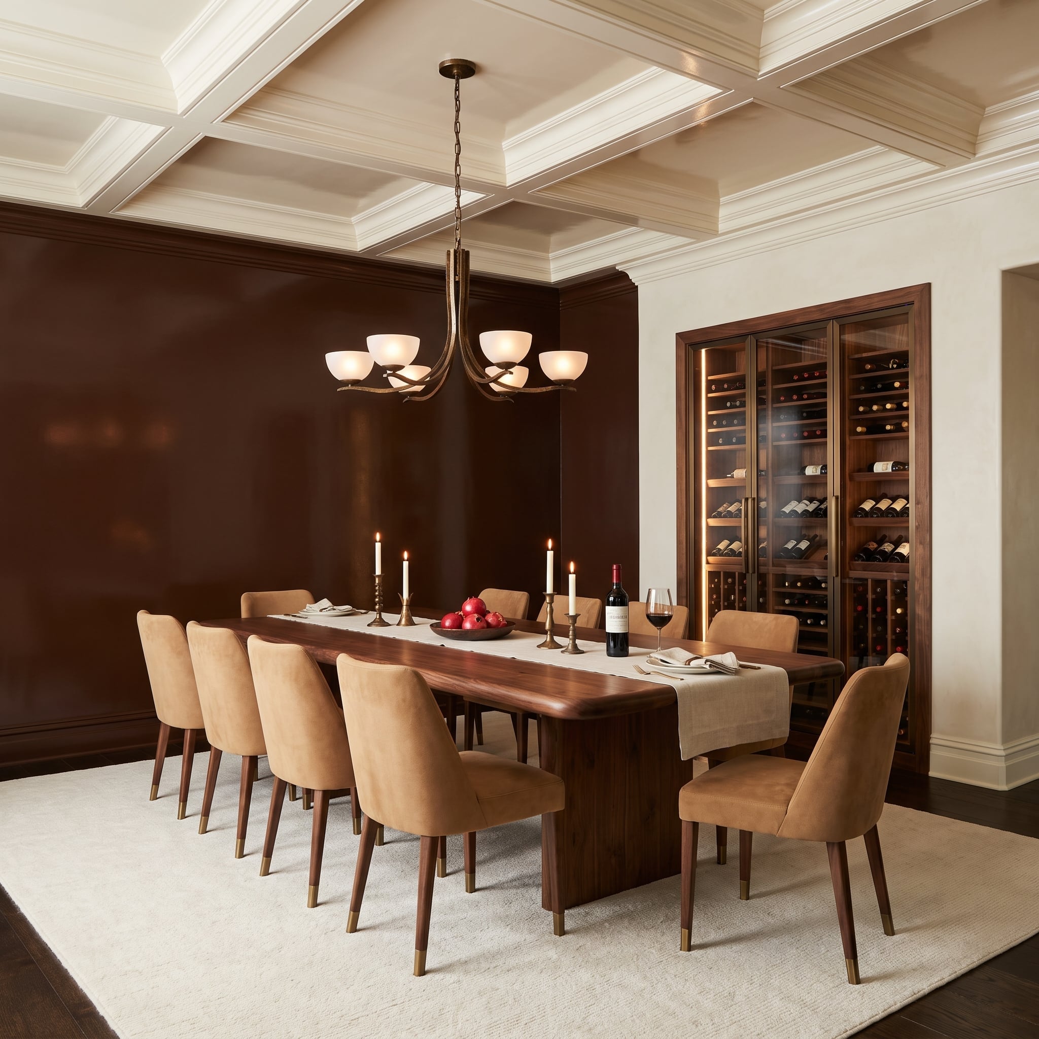 Glossy chocolate lacquer dining room wall with walnut table and wine cabinet