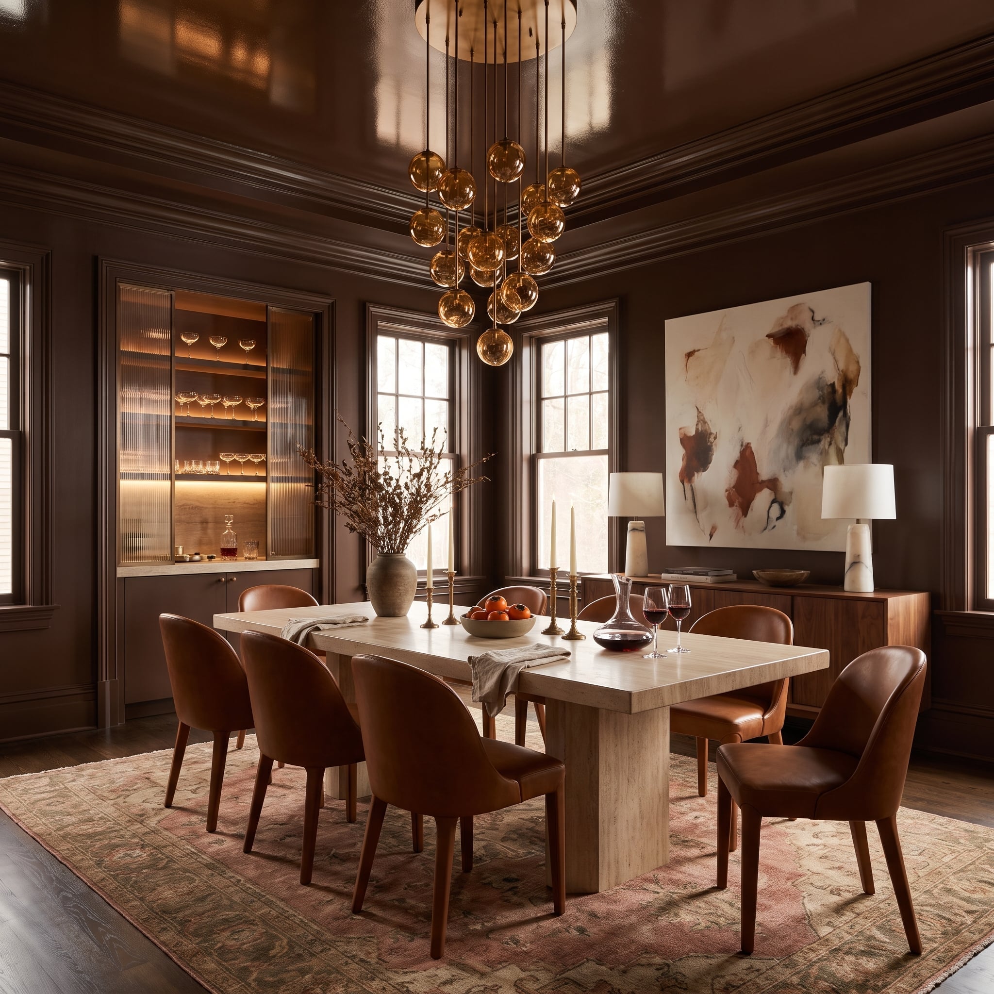 Chocolate-brown lacquered dining room with matching crown molding, reflective ceiling, travertine table, and cognac chairs