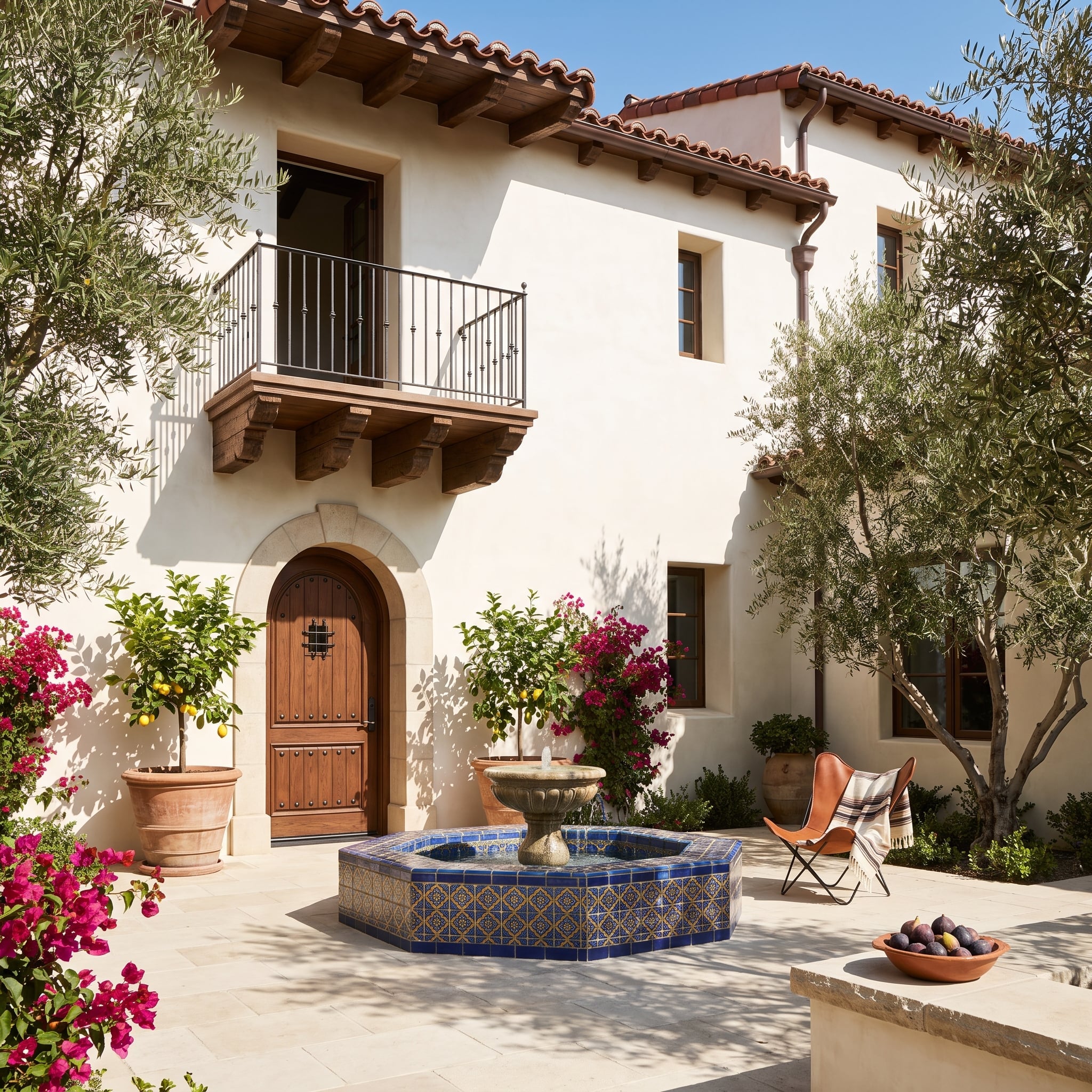 Spanish Colonial-inspired courtyard with cobalt Talavera-style fountain, dark timber arch and wrought iron details