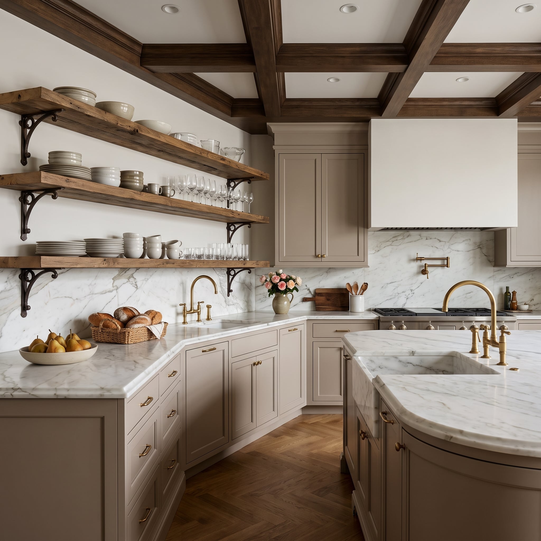 Greige kitchen with reclaimed wood shelves, iron corbels, marble surfaces, brass hardware, and coffered ceiling