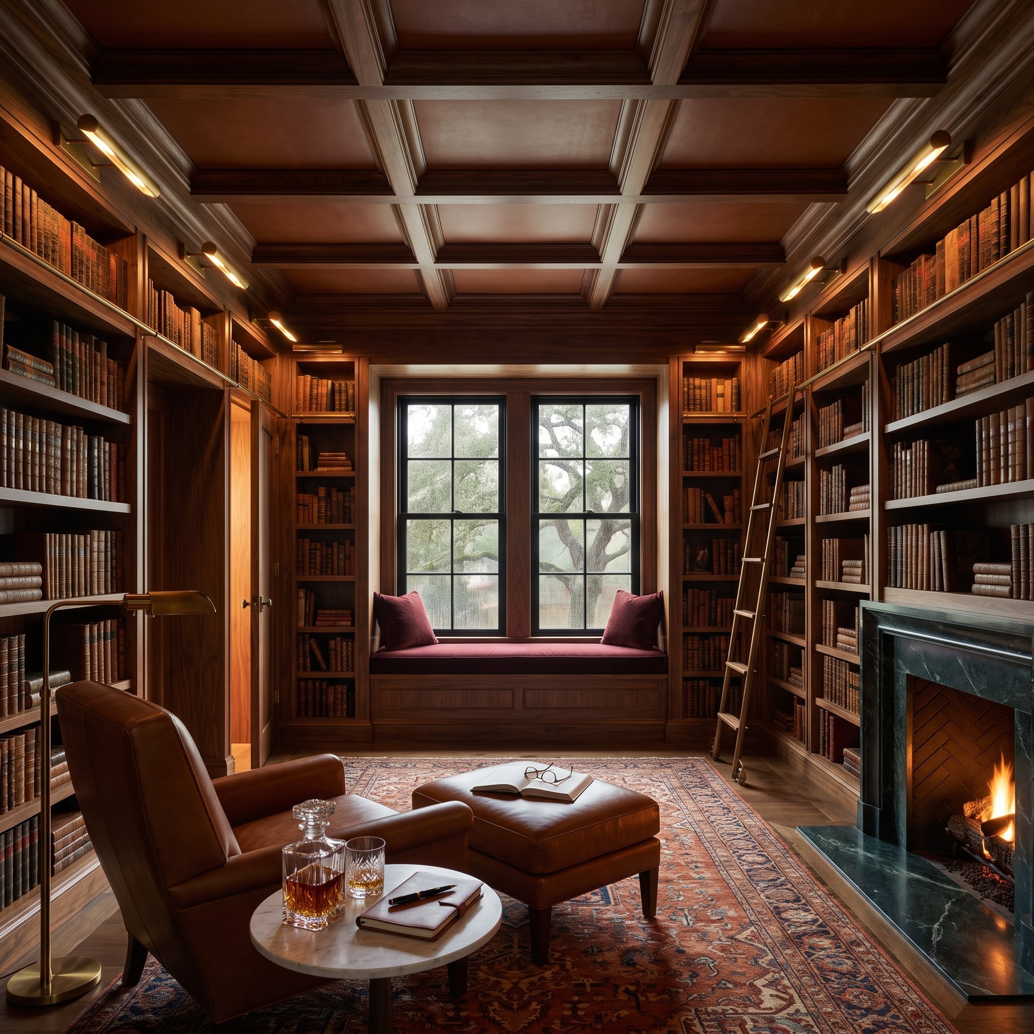 Dark walnut library with coffered ceiling, green marble fireplace, rolling ladder and black-framed windows
