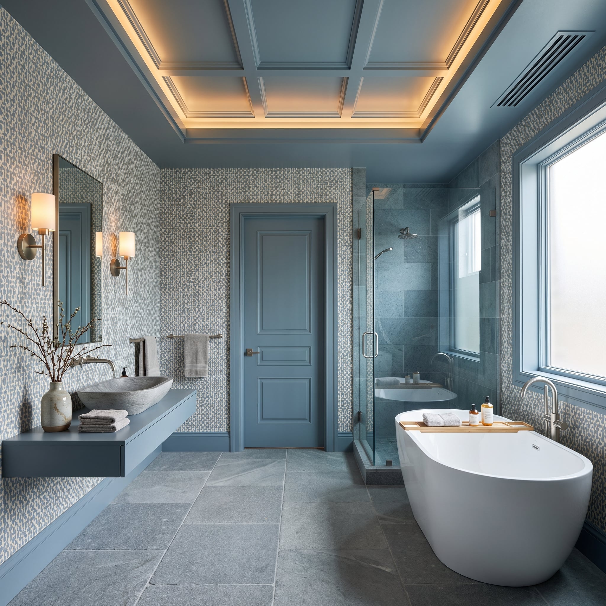 Coffered Ceiling, Patterned Wallpaper, and a Blue That Commits All the Way