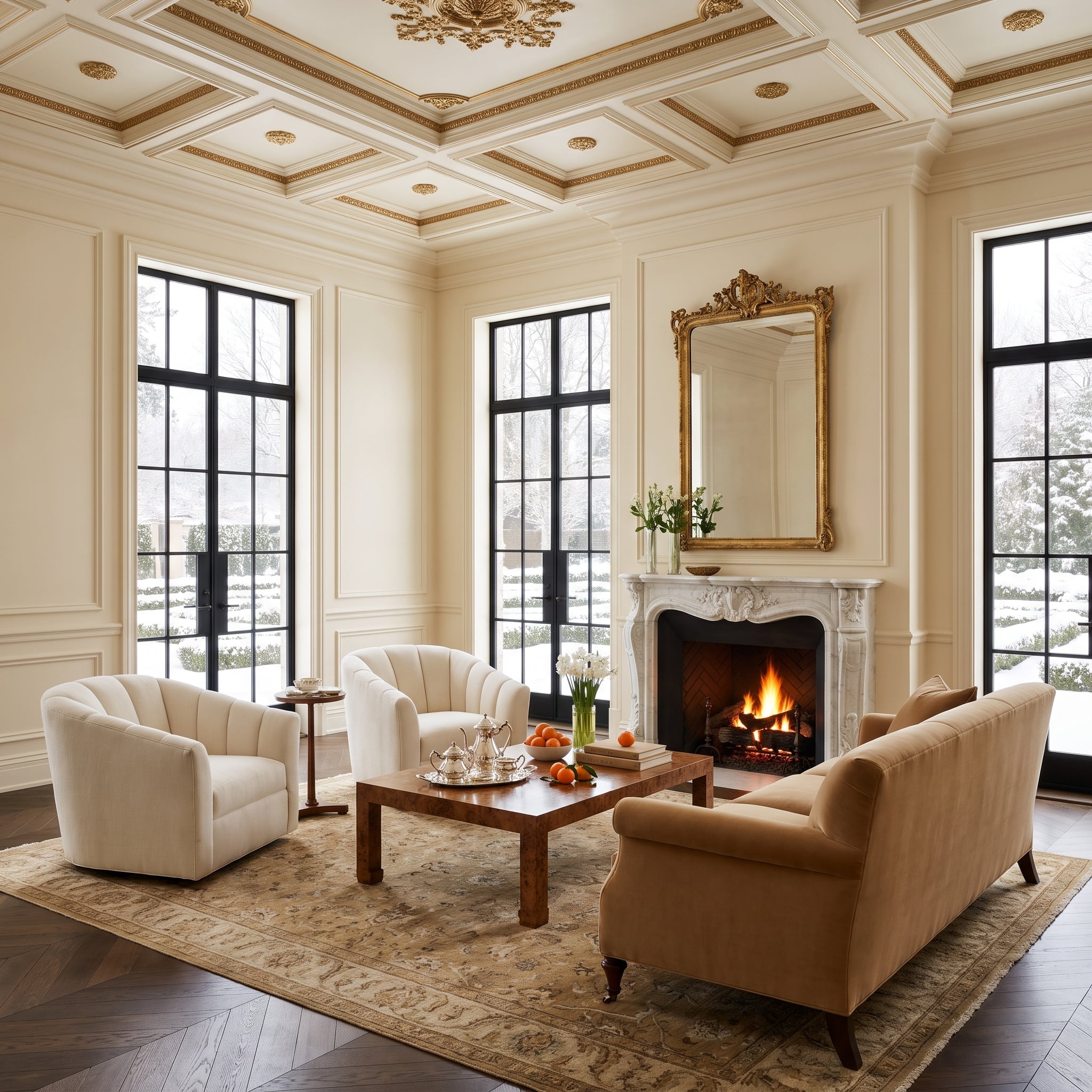 Elegant winter living room with gilded coffered ceiling, marble fireplace, ivory bouclé chairs and black-framed windows