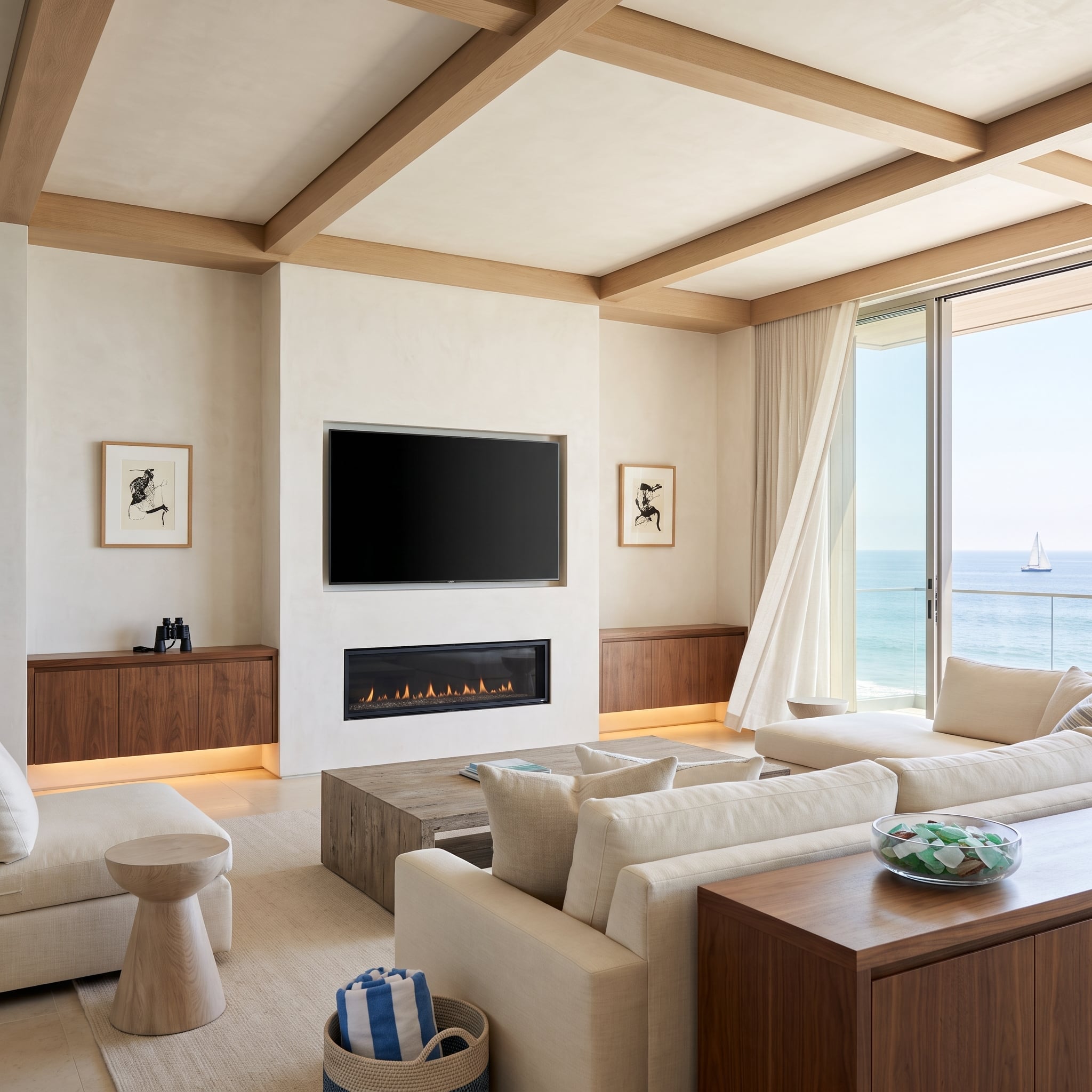 Coastal living room with natural oak coffered ceiling, television above linear fireplace, cream linen sofas, and ocean views