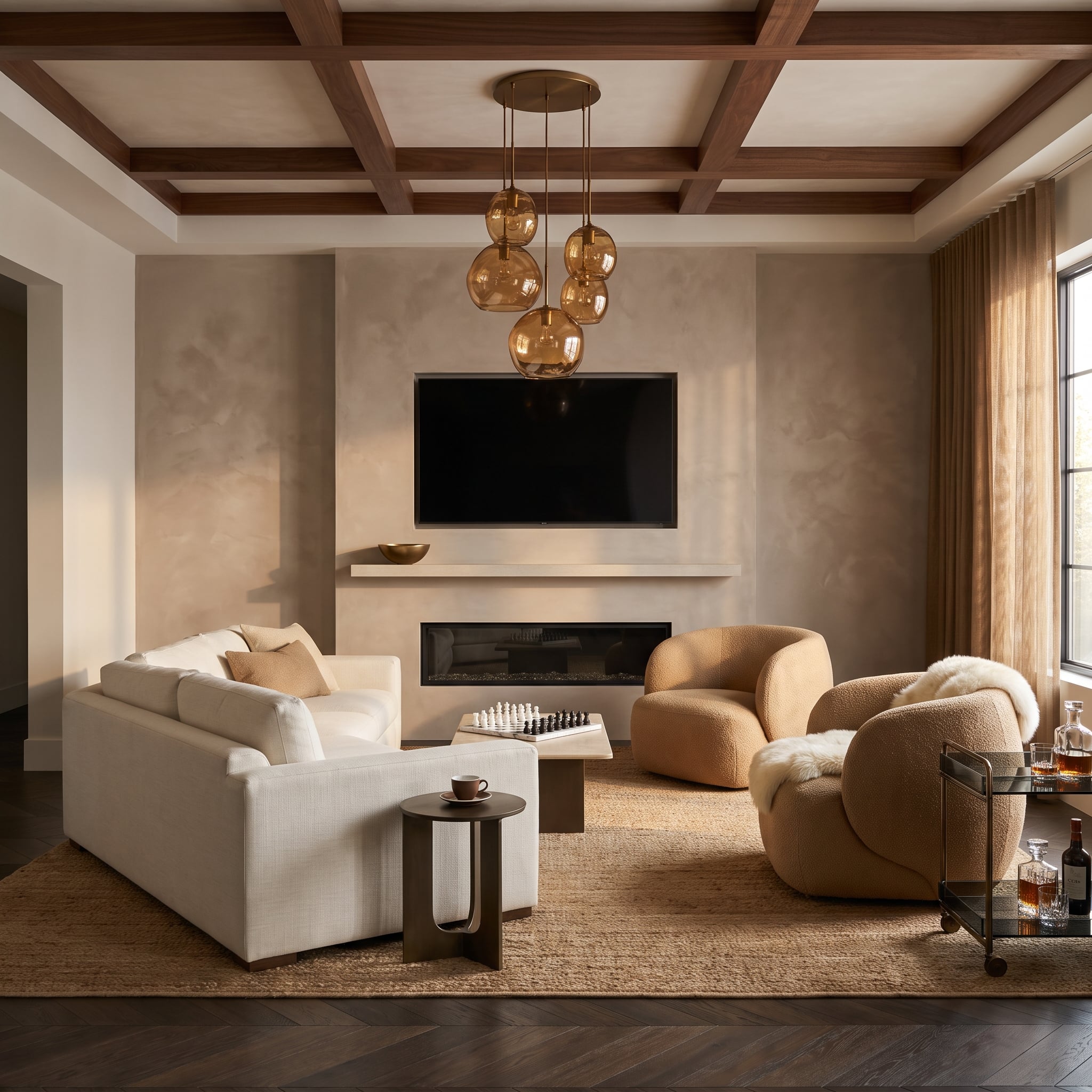 Living room with coffered walnut ceiling, amber glass pendants, warm plaster fireplace wall, and bouclé armchairs