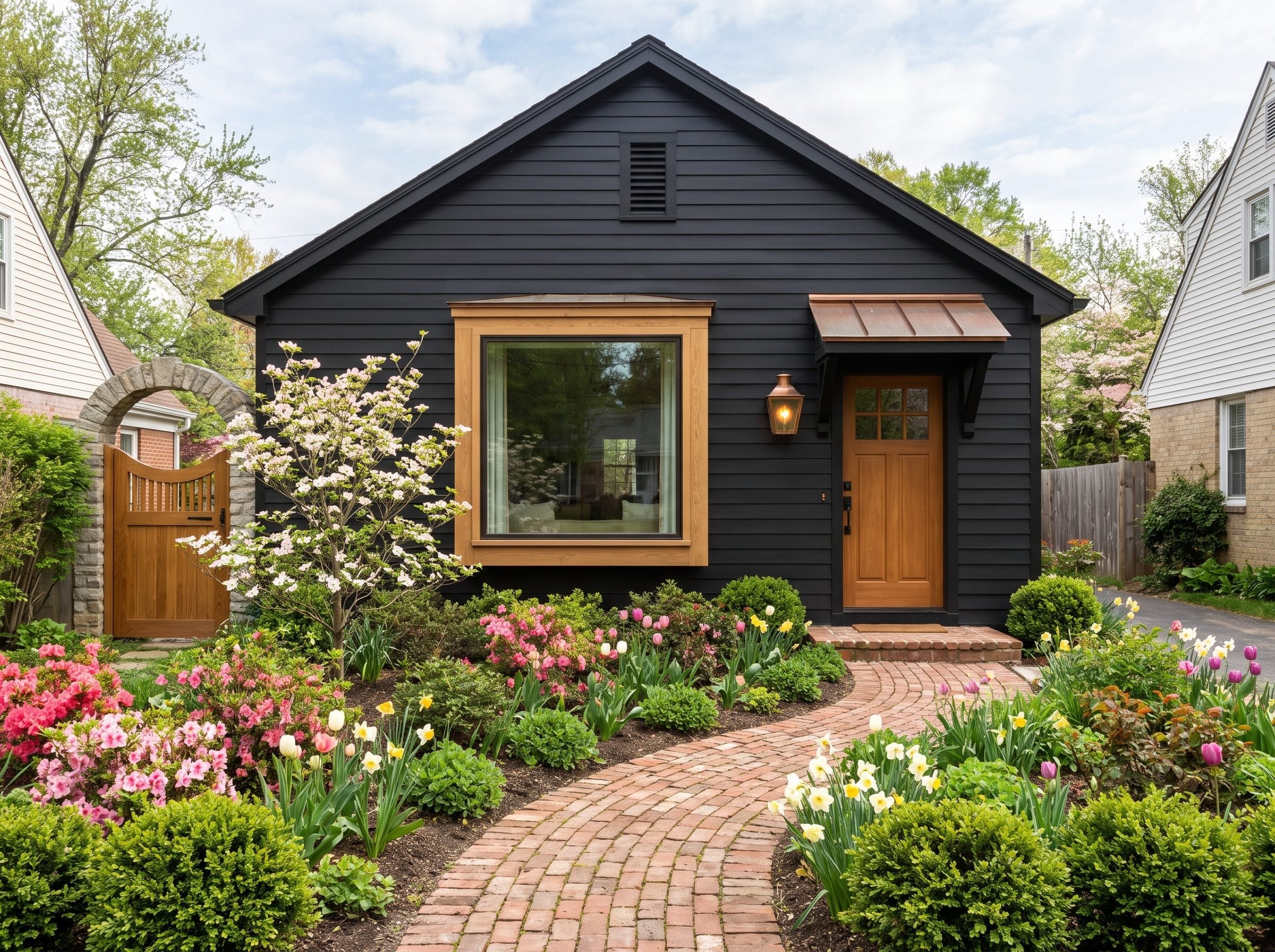 Slate-colored cottage with a copper awning, wood door, and colorful spring garden