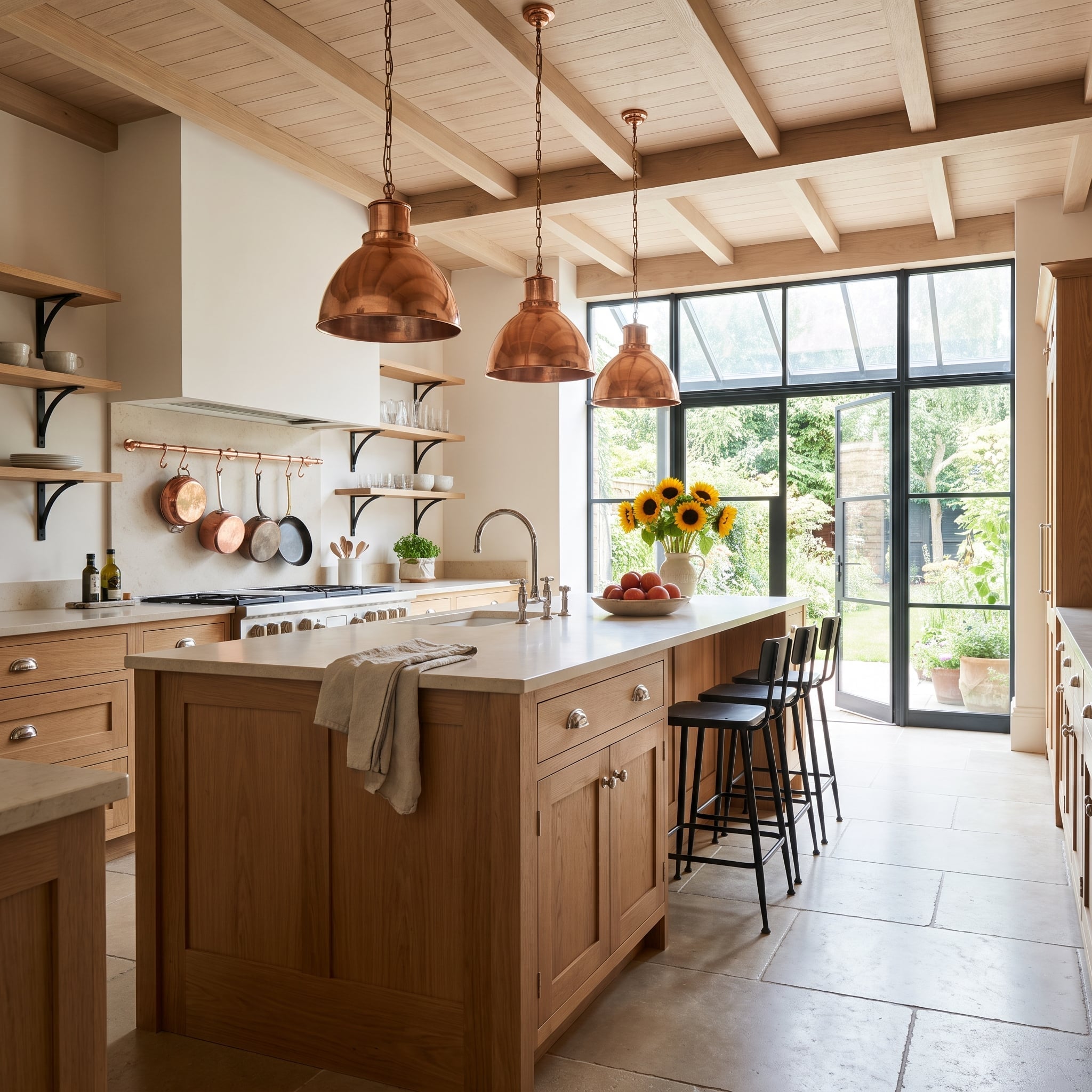 Copper Pendants, Oak Cabinets, and Black Steel Prove Warm Doesn't Mean Matchy