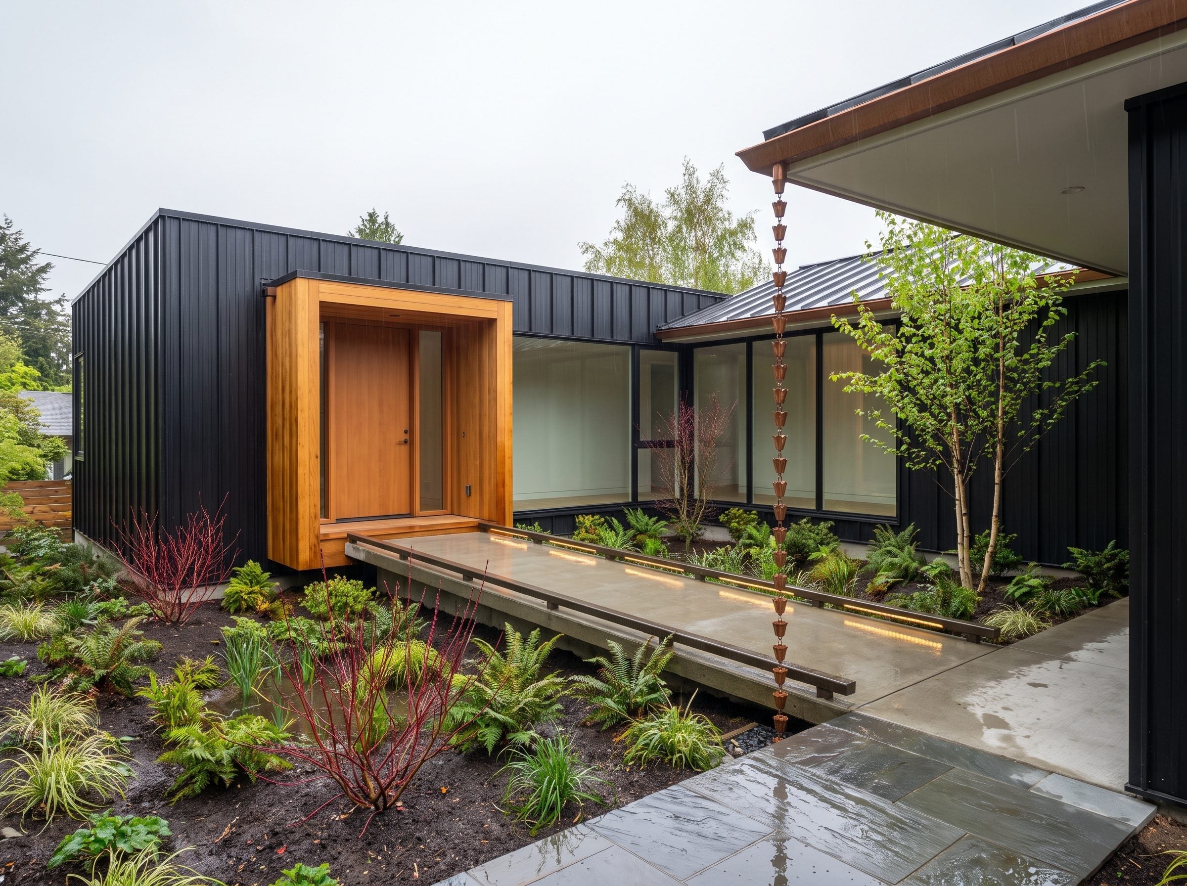 Dark corrugated metal house with a projecting cedar entrance, copper rain chain, and planted courtyard