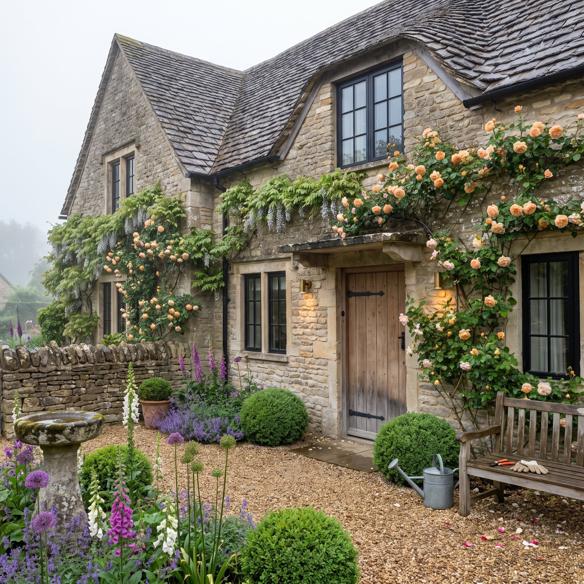English country house design with honey limestone, climbing roses, wisteria and black casement windows