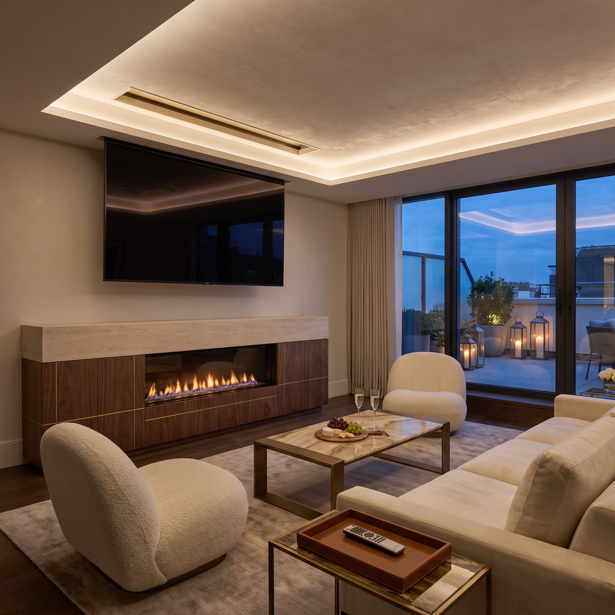 Warm living room with television above walnut fireplace cabinet, brass inlay, ivory bouclé chairs, and tray ceiling lighting