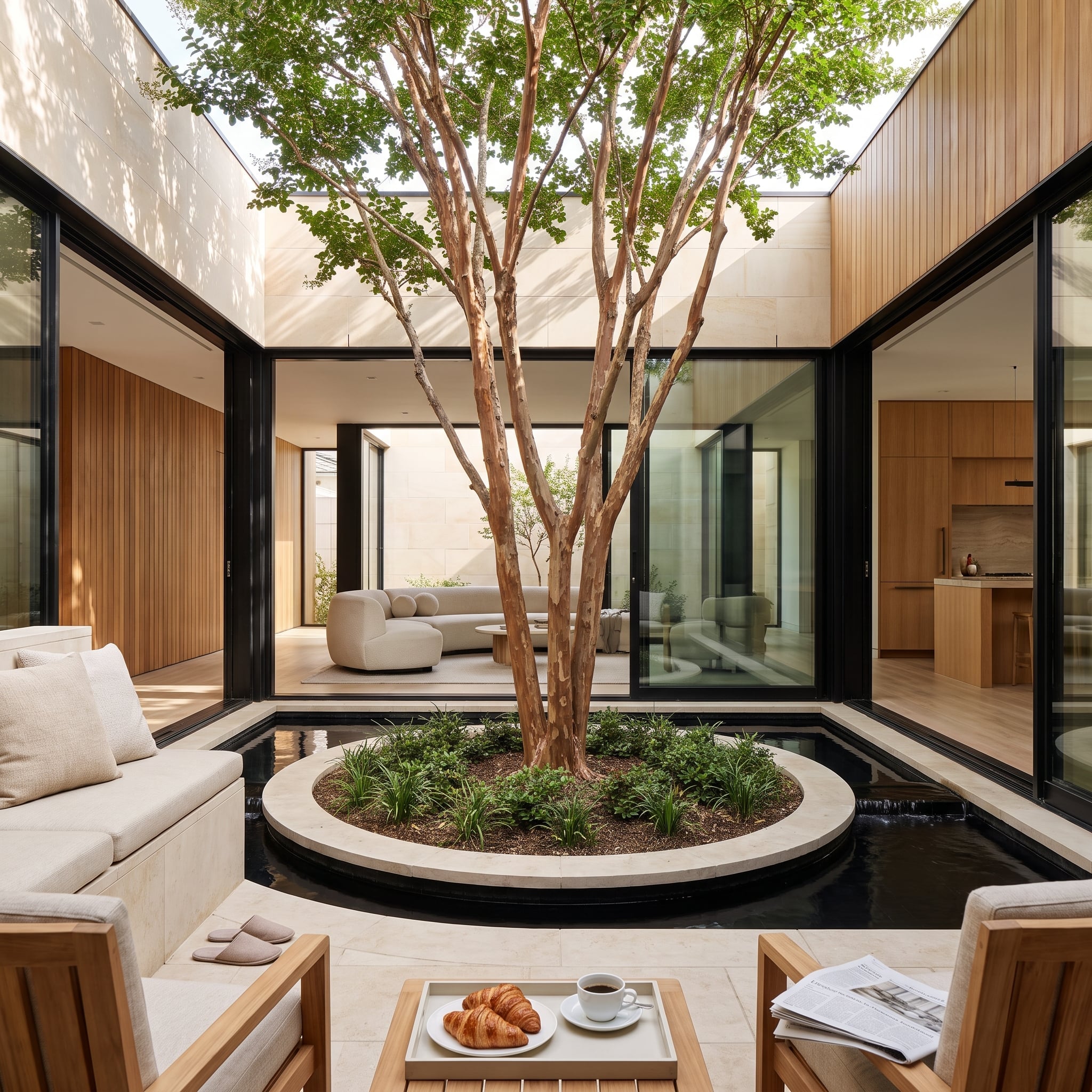 Contemporary courtyard with crape myrtle, circular travertine planter, reflecting water and black-framed glazing