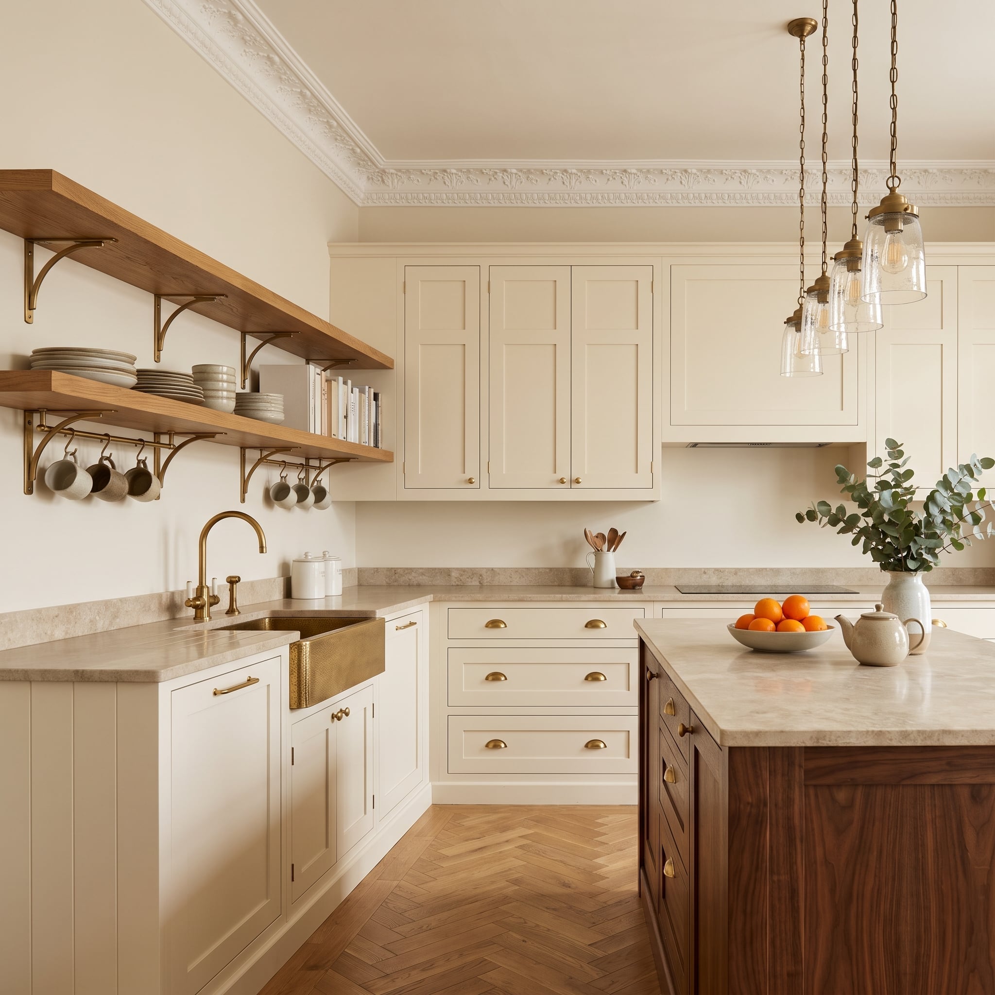 Traditional cream kitchen with brass farmhouse sink, oak open shelves, mug rail, and dark walnut island