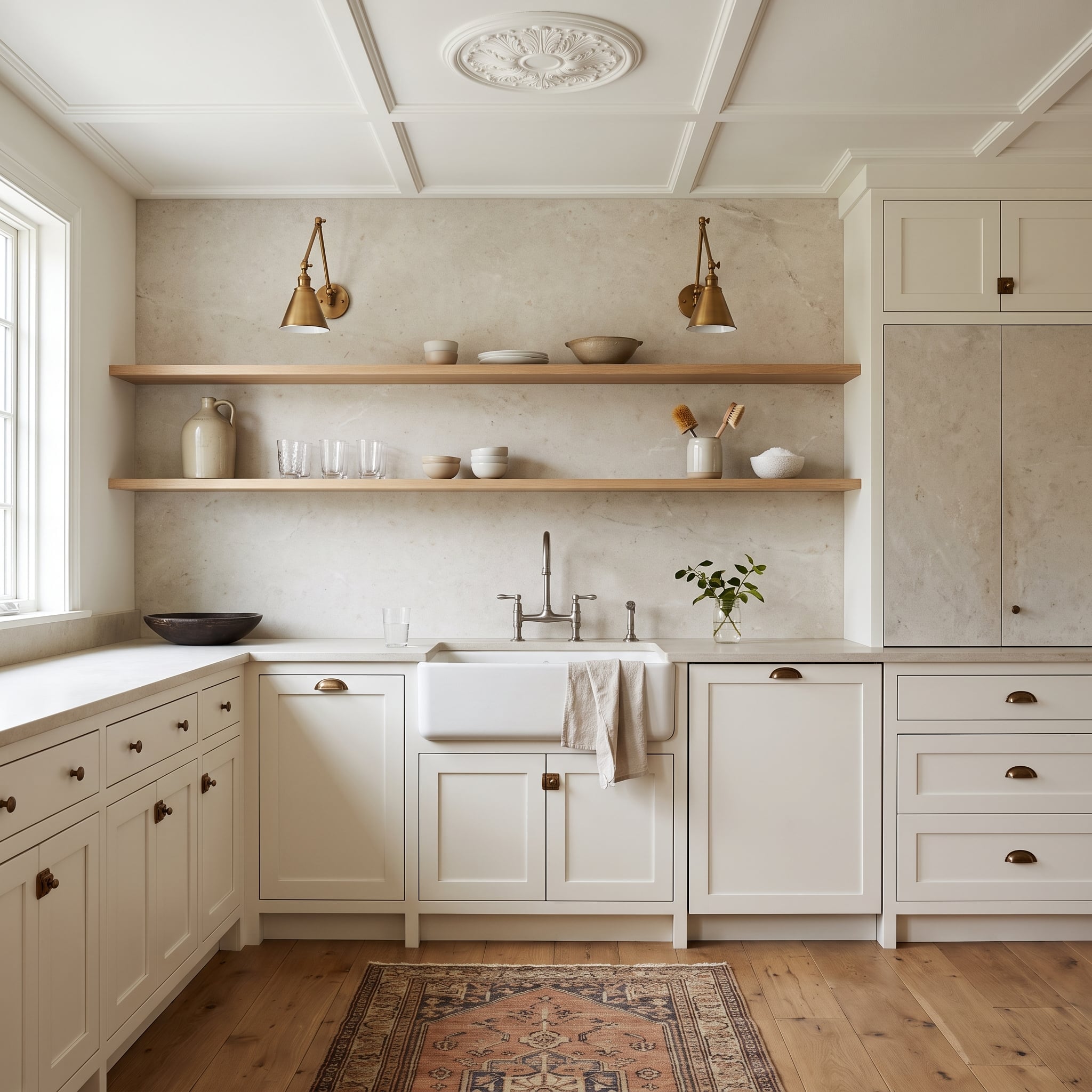 Cream kitchen with farmhouse sink, brass hardware, oak floating shelves, and veined stone backsplash