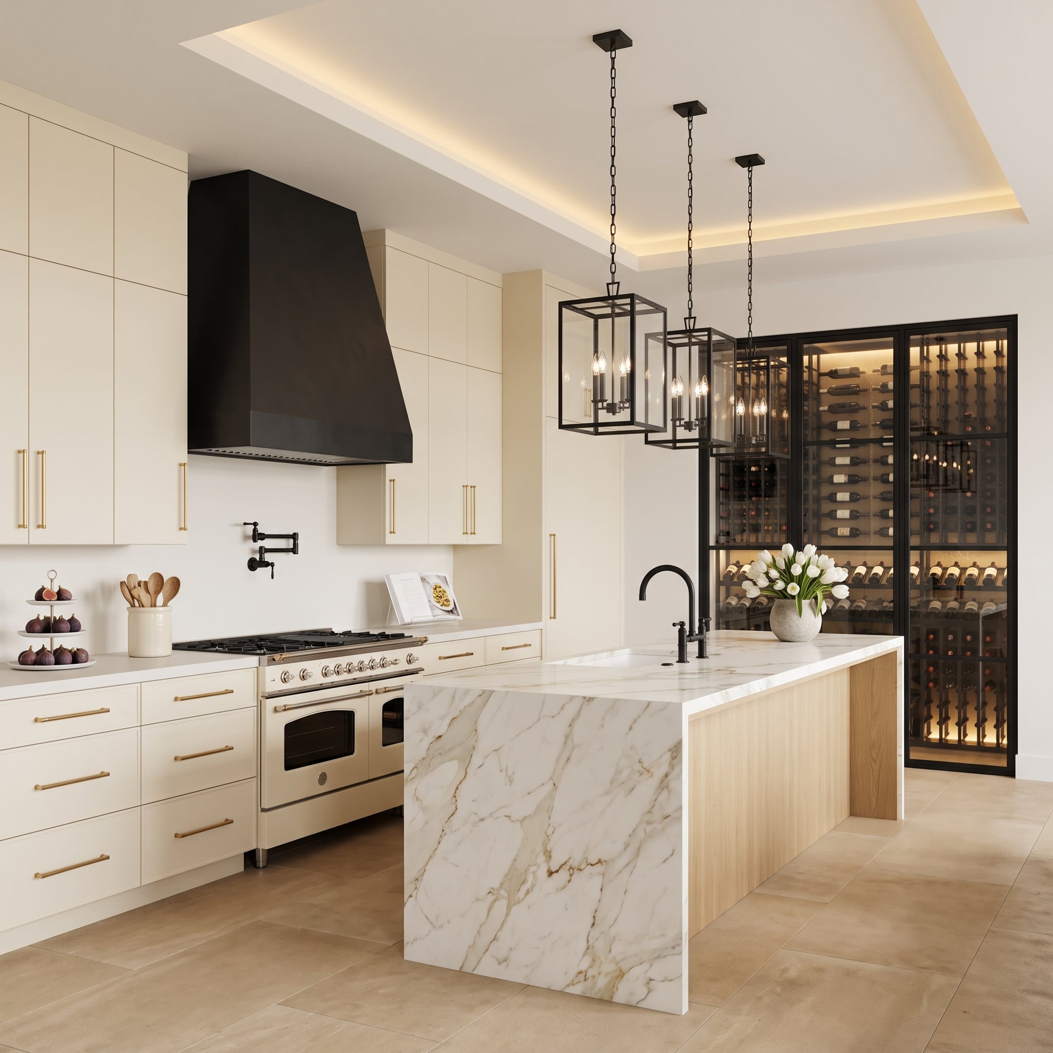 Cream Cabinets, Brass Pulls, and a Matte Black Hood Walked Into a Wine Cellar