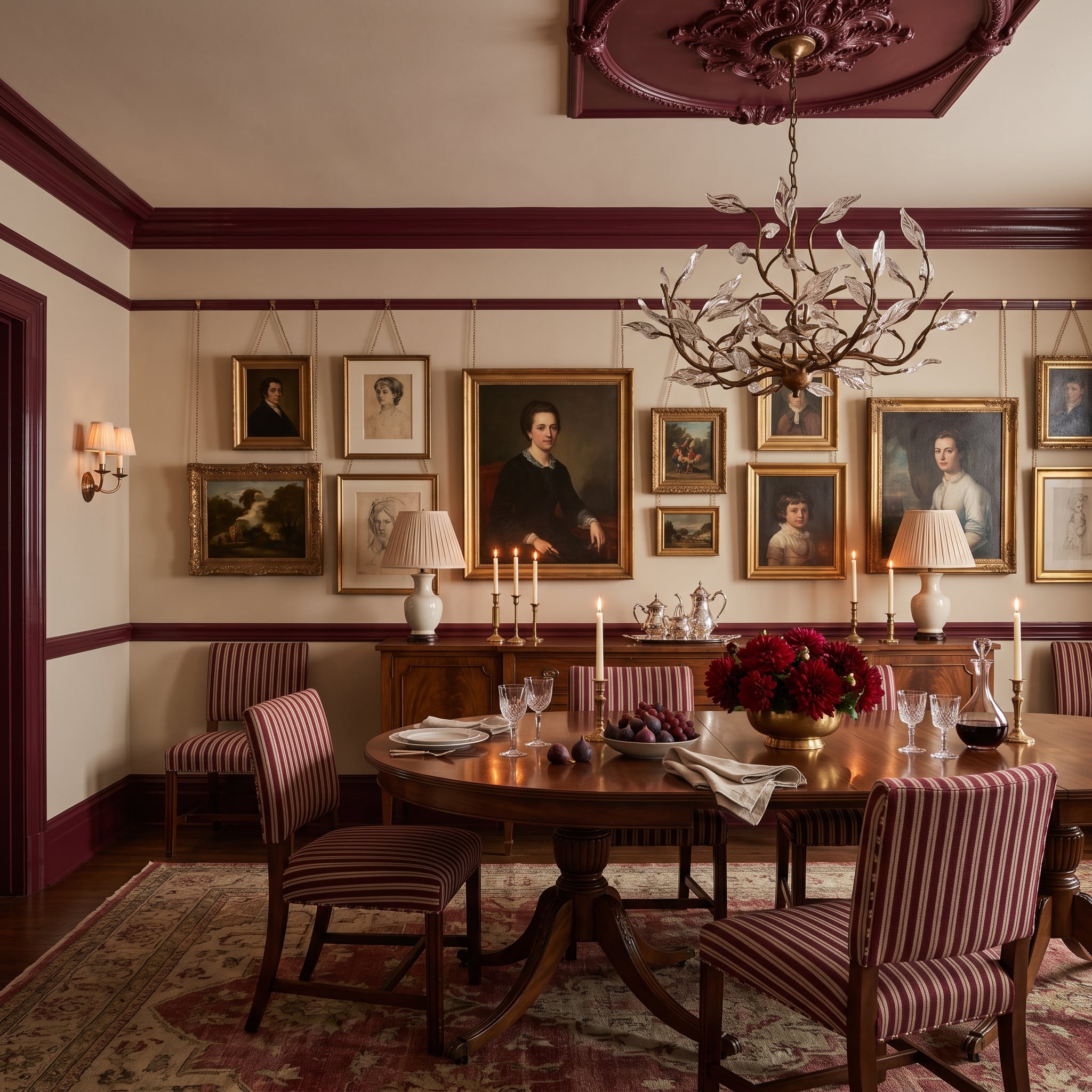 Dining room with burgundy moldings, picture rail, ceiling medallion, framed artwork, and striped chairs