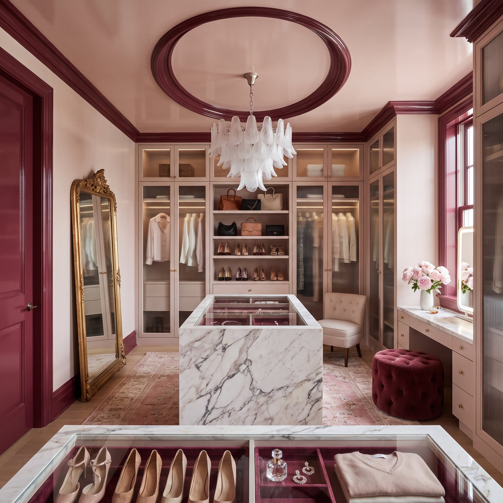 Walk-in closet with burgundy architectural trim, blush cabinetry, marble island, and decorative ceiling medallion