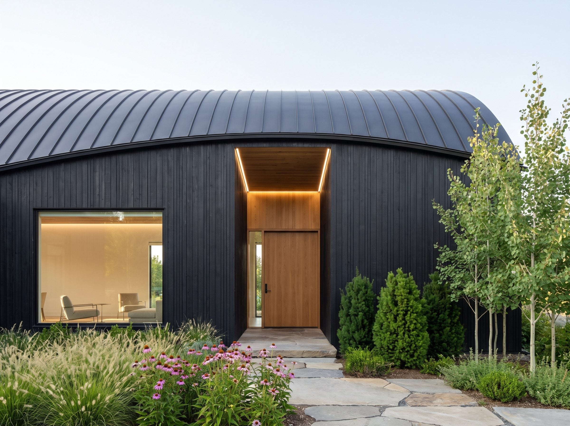 Black contemporary house with a curved standing-seam metal roof and recessed wood entrance