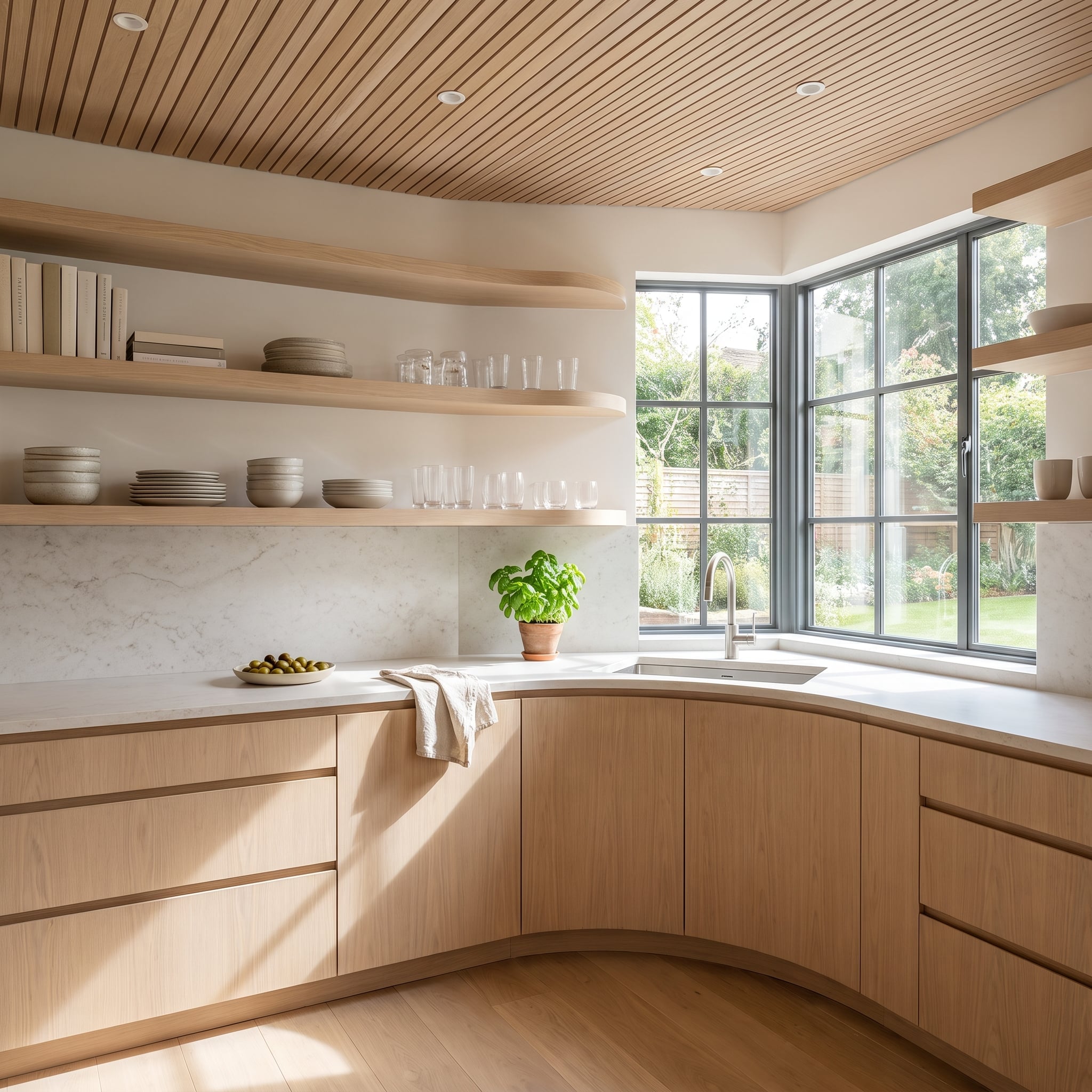 Pale oak kitchen with curved lower cabinets, corner sink, marble backsplash, and slatted wood ceiling