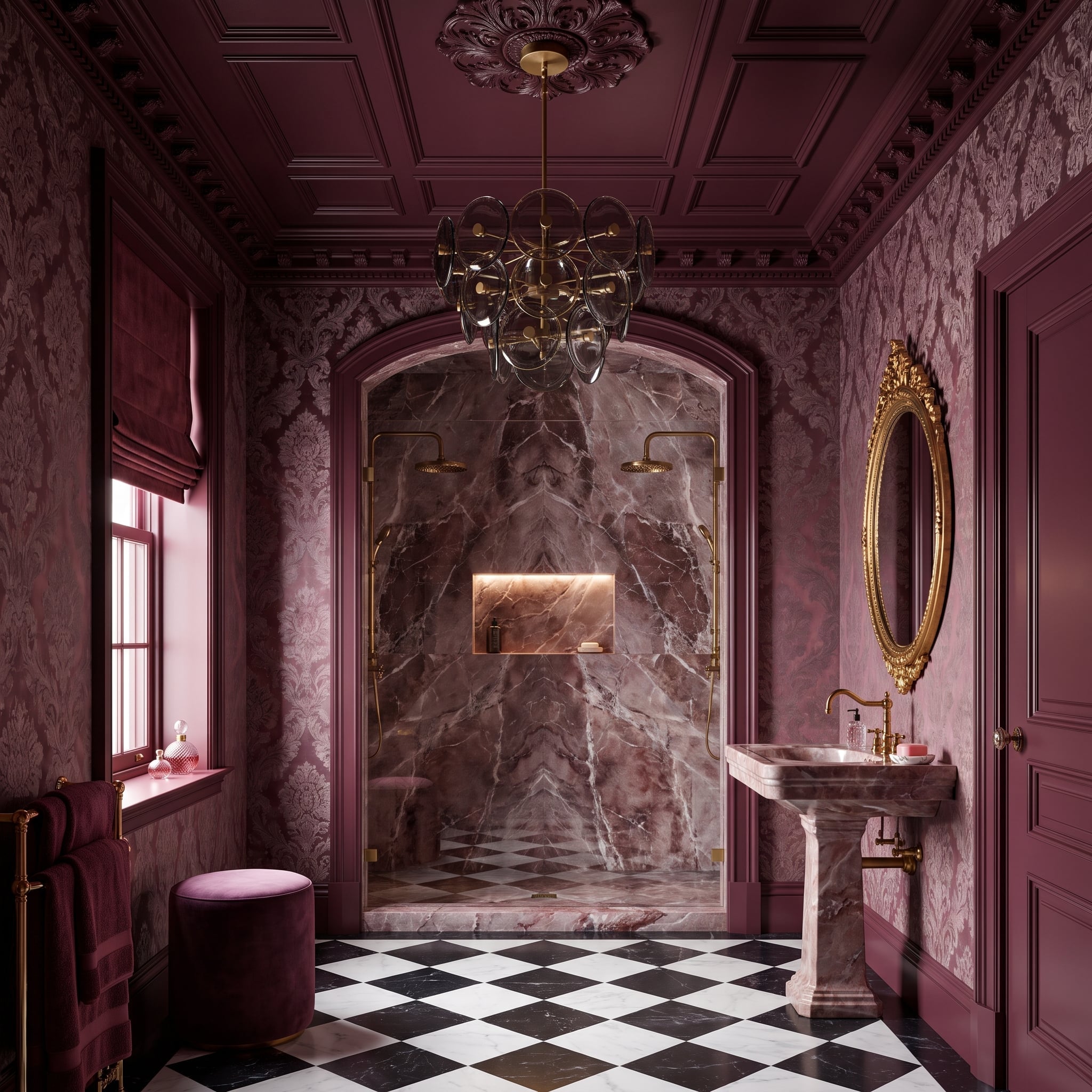 Damask Wallpaper, Bookmatched Marble, and Gold That Refuses to Be Subtle