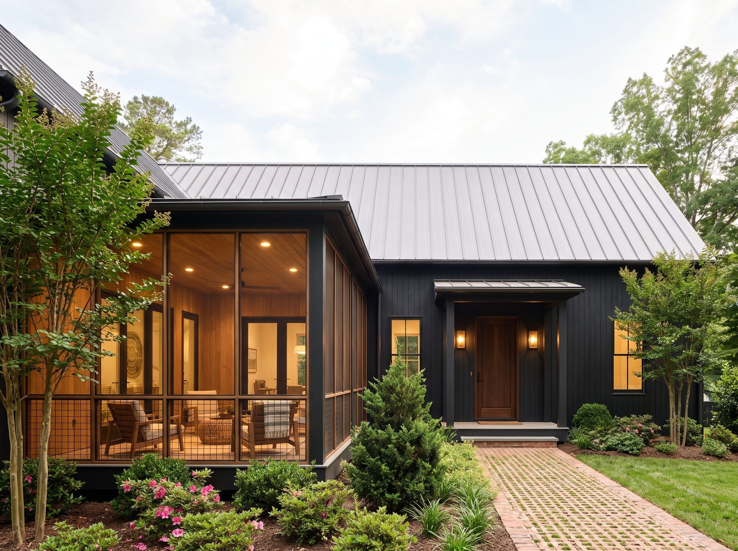 Dark board-and-batten farmhouse with an illuminated screened porch and brick walkway